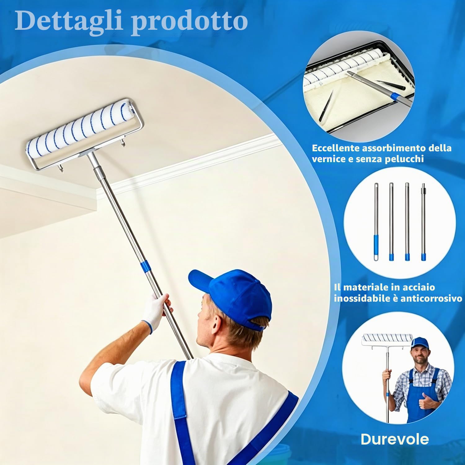 Kit Rullo Per Vernice Da 45 cm,Rullo Per Pittura Include 6 Rulli,Supporto Regolabile (35-60 cm),Un Secchio Grande Per La Vernice e Un'Asta Telescopica Estendibile Fino a 160 cm,Per Pareti e Soffitti