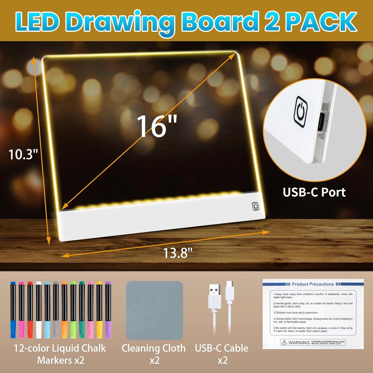 2 Pack Rechargeable LED Note Board with 7 Colors, 16-Inch Light Up Acrylic Dry Erase Board, Lumi Board Led Drawing Board for Kids Sketching Gift Toy for Kids/Girls/Teens - White