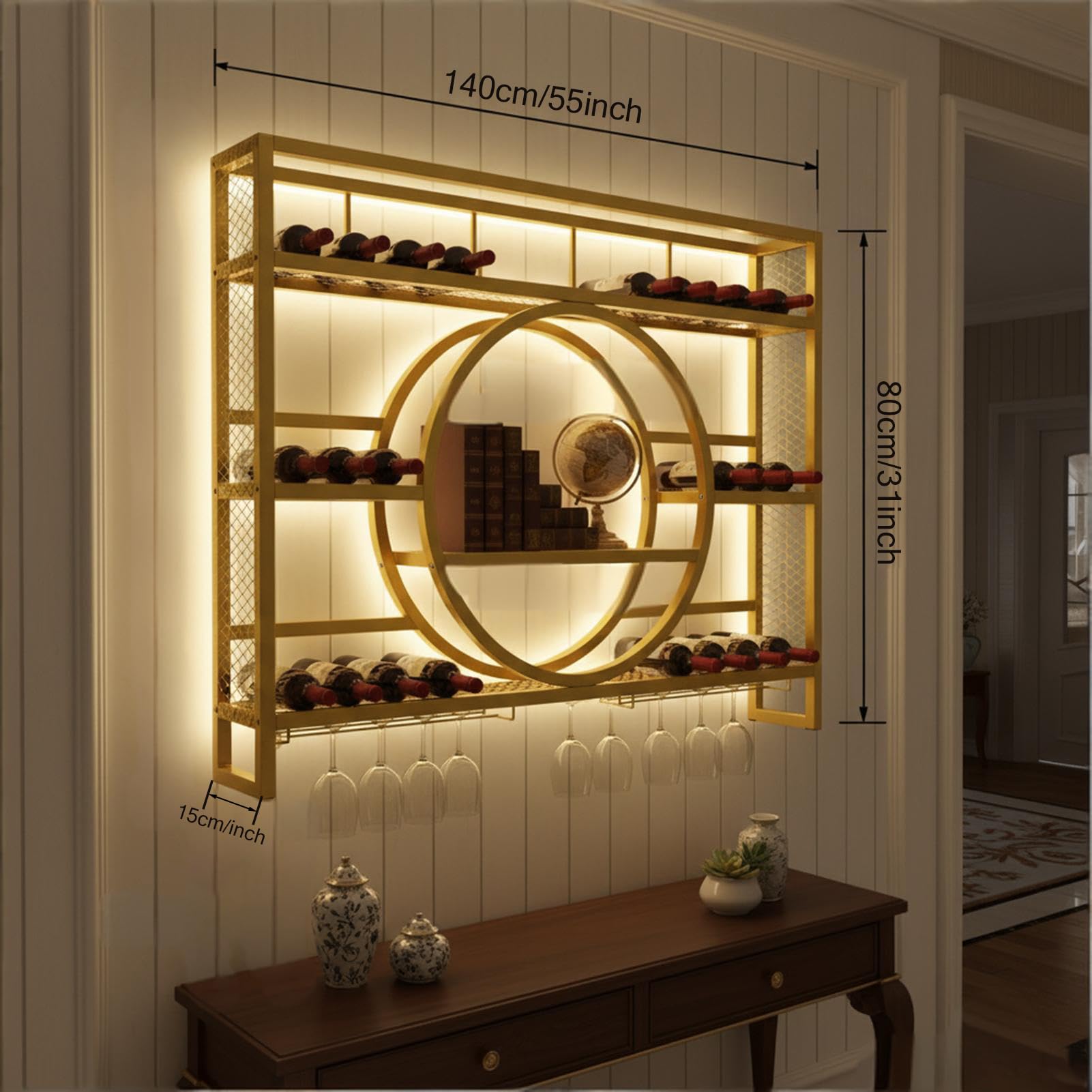Weinregal Wand Metall, Bar Regal mit Weingläserhalter - Modernes Weinflaschenregal für Küche, Esszimmer, Home Bar und Restaurant, Wandmontage (Schwarz, 140cm)