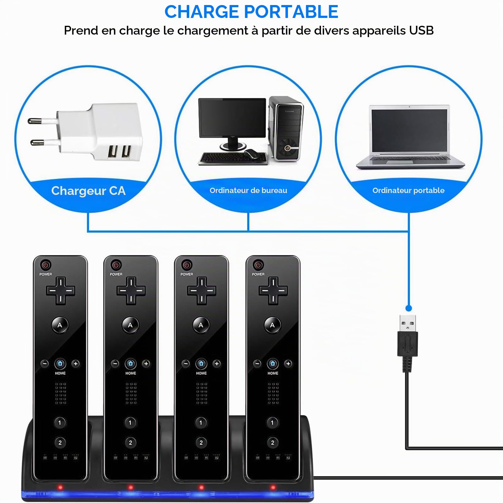 Chargeur pour Manette de Wii avec 4 Batteries 2800mAh Rechargeables Et Indicateurs LED,Chargeur de Wiimote pour Support de Charger de Station de Charge pour Télécommande Wii,Noir