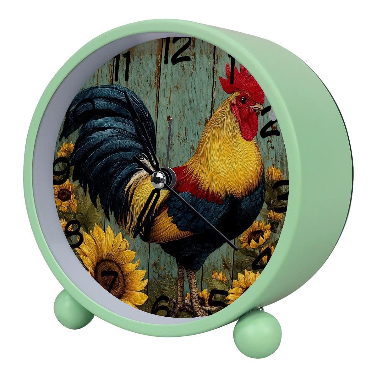 Luoweisi Analog Alarm Clock Rooster Sunflower Rustic Plank, Silent Non-Ticking with Night Light, Battery Operated, Round Desk Alarm Clock for Office, Bedroom, Elderly, Adults, Children, Student Gifts