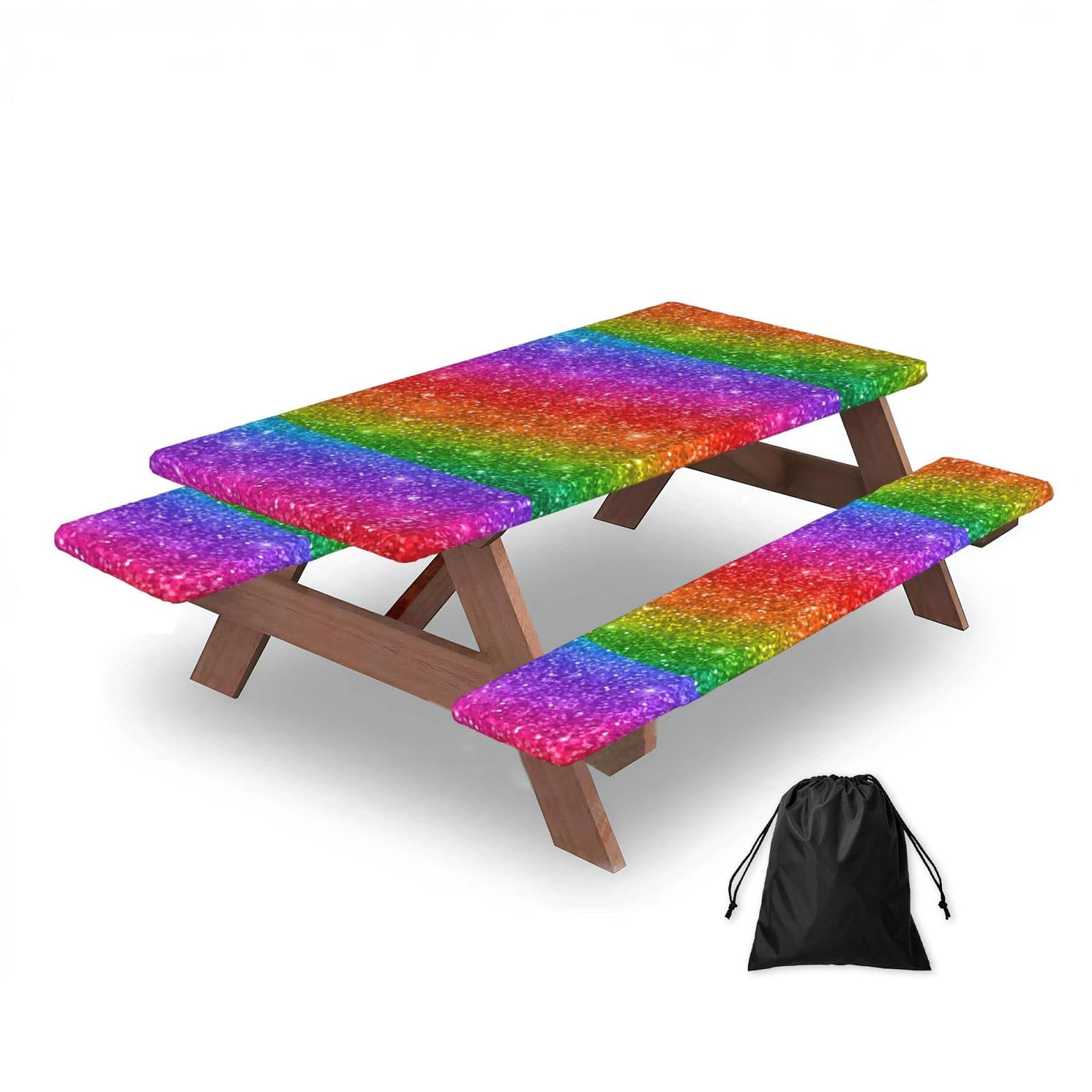 Dopklna As Picture Colorful Glitter, Picnic Table Cover With Bench Covers -Waterproof Elastic Fitted Tablecloth For Garden Camping Patio 76X152cm