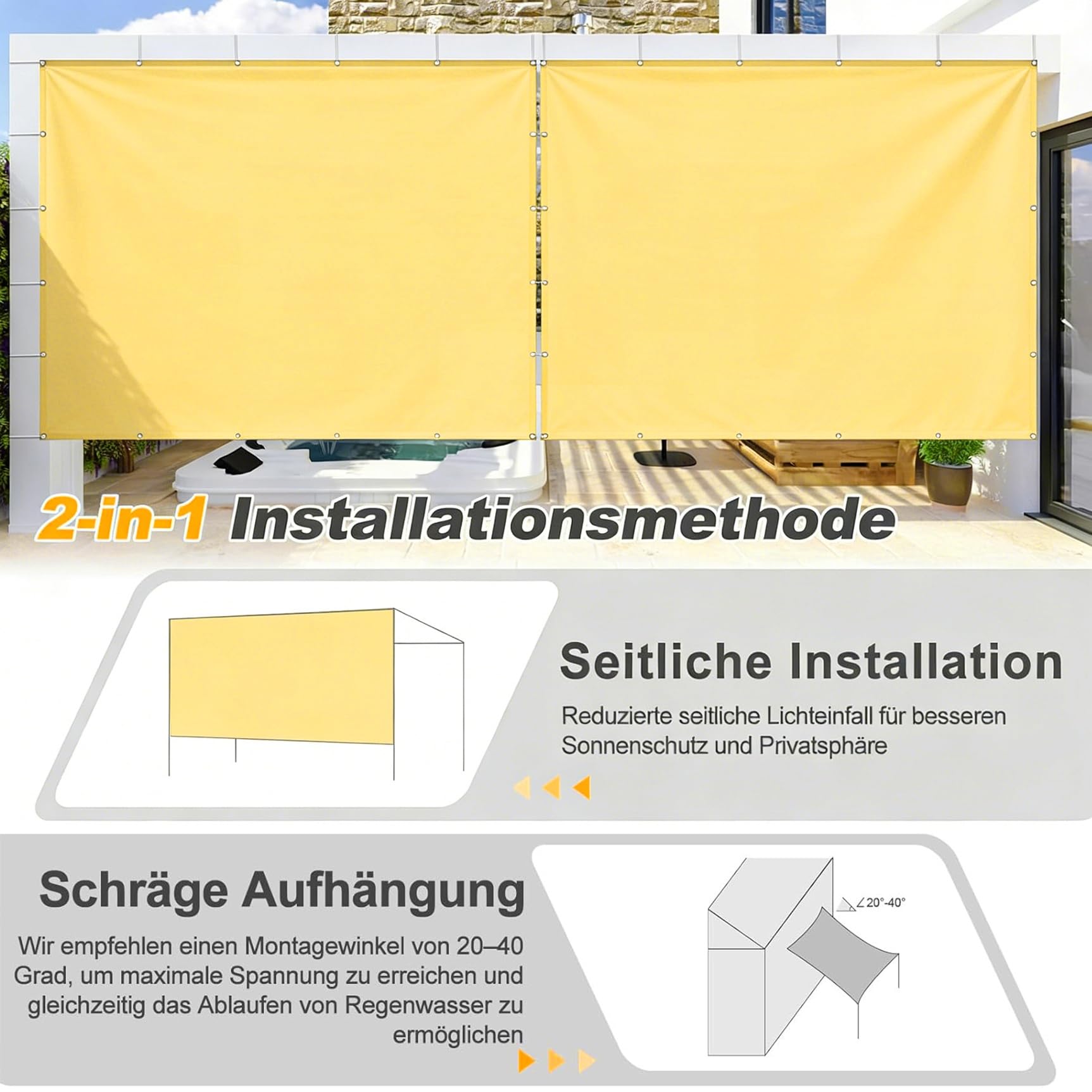 Markiza Przeciwsłoneczna 170 x 195 cm 98% Odporności Na Promieniowanie Uv, Wiatroszczelność, Wodoodporność, Prostokątna Altana Ogrodowa, Na Zewnątrz, Do Ogrodu, Piaskowy żółty