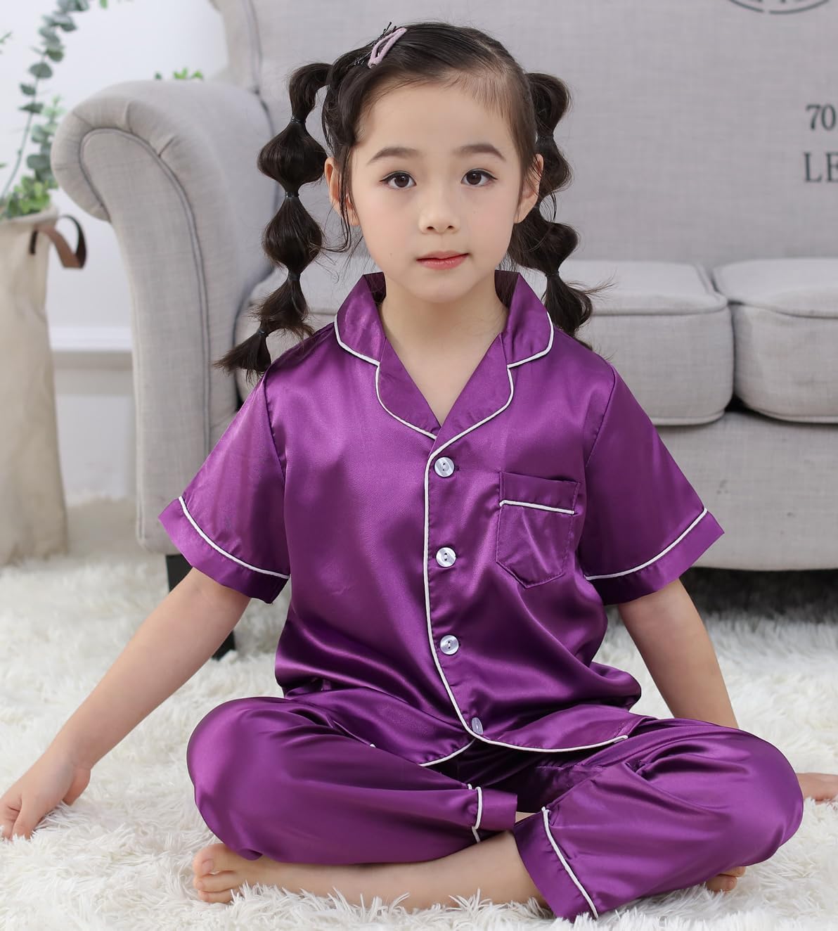 Girls Boys Silky Satin Pajamas Set 3 Pcs for Kid Children Silk pjs Set Sleepwear Button-up Nightwear - Image 4