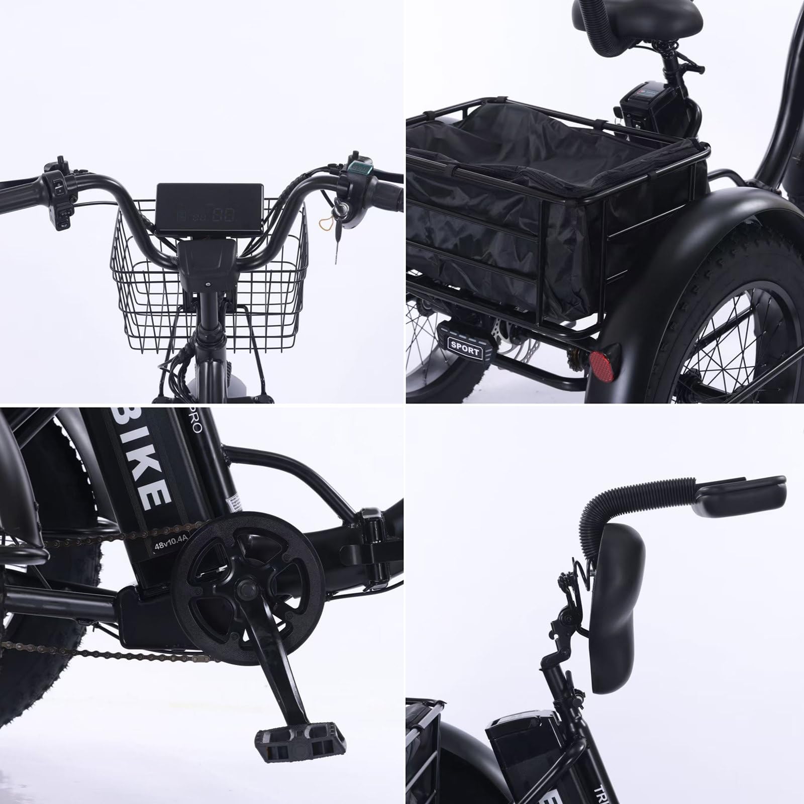 Triciclo elettrico per adulti, pieghevole, pneumatici Anchos 20" X4.0, batteria 48V 12Ah, autonomia massima 40 km, carico massimo 140 kg, 7 velocità, ideale per grandi e trasporti