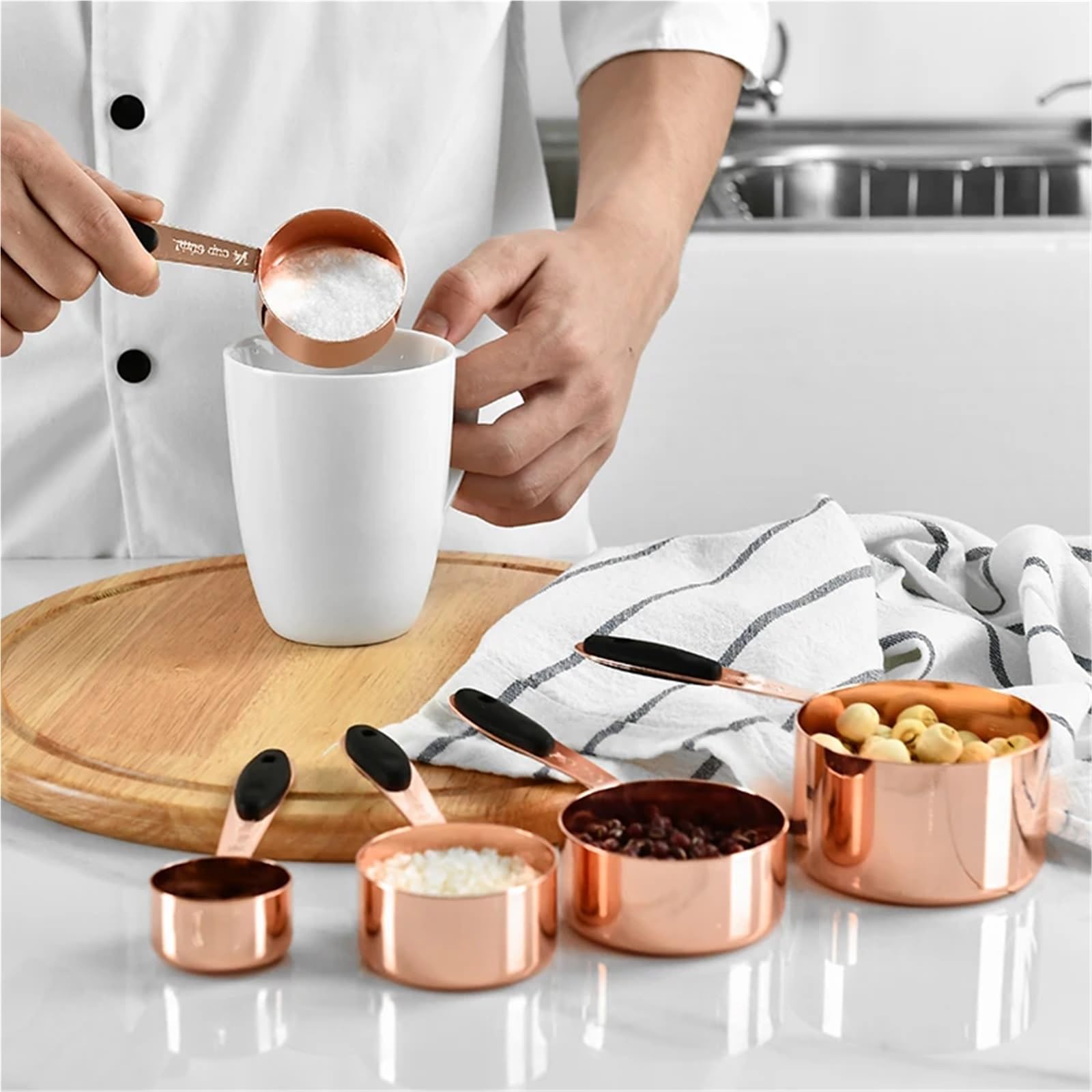 5/10-teiliges Messbecher-Set aus Edelstahl, Küchen-Backwerkzeug, plattiertes Kupfer, Roségold, Kaffee-Messlöffel, Kochzubehör für Flüssigkeiten und Feststoffe