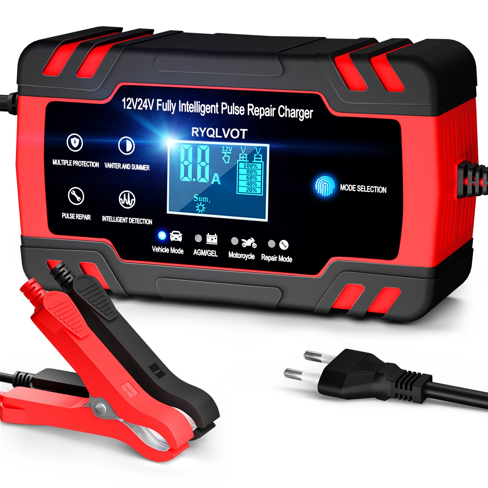 RYQLVOT Ladegerät Autobatterie 8A 12V/24V KFZ Batterieladegerät Auto Vollautomatisches Intelligentes Geeignet für Autos Motorräder Pkw LKW usw