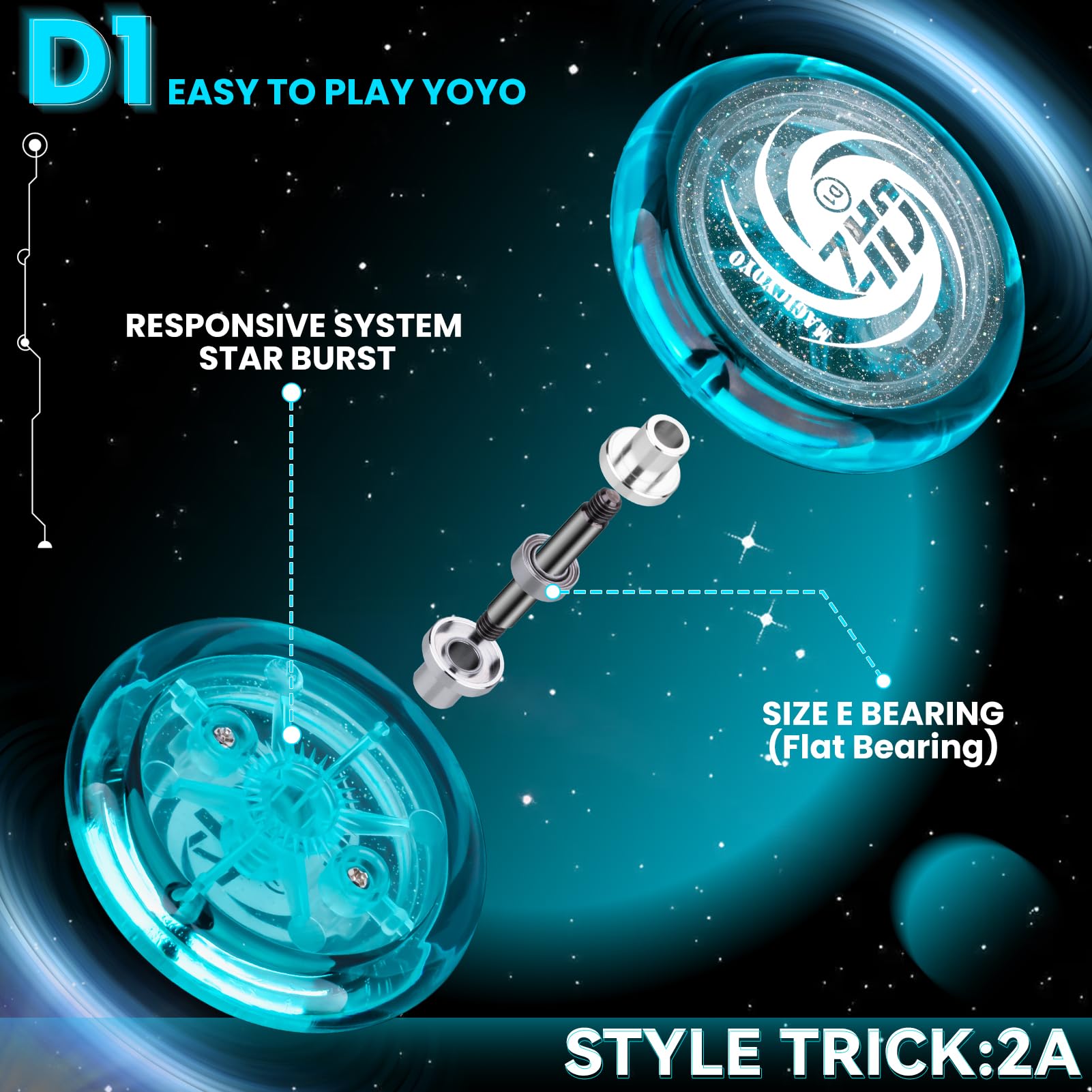 YOSTAR Yo-Yo D1 – Looping Responsive – Vert Et Violet Paillettes – 6 Cordons, Gant, Sac – Débutant Et 2A Trick