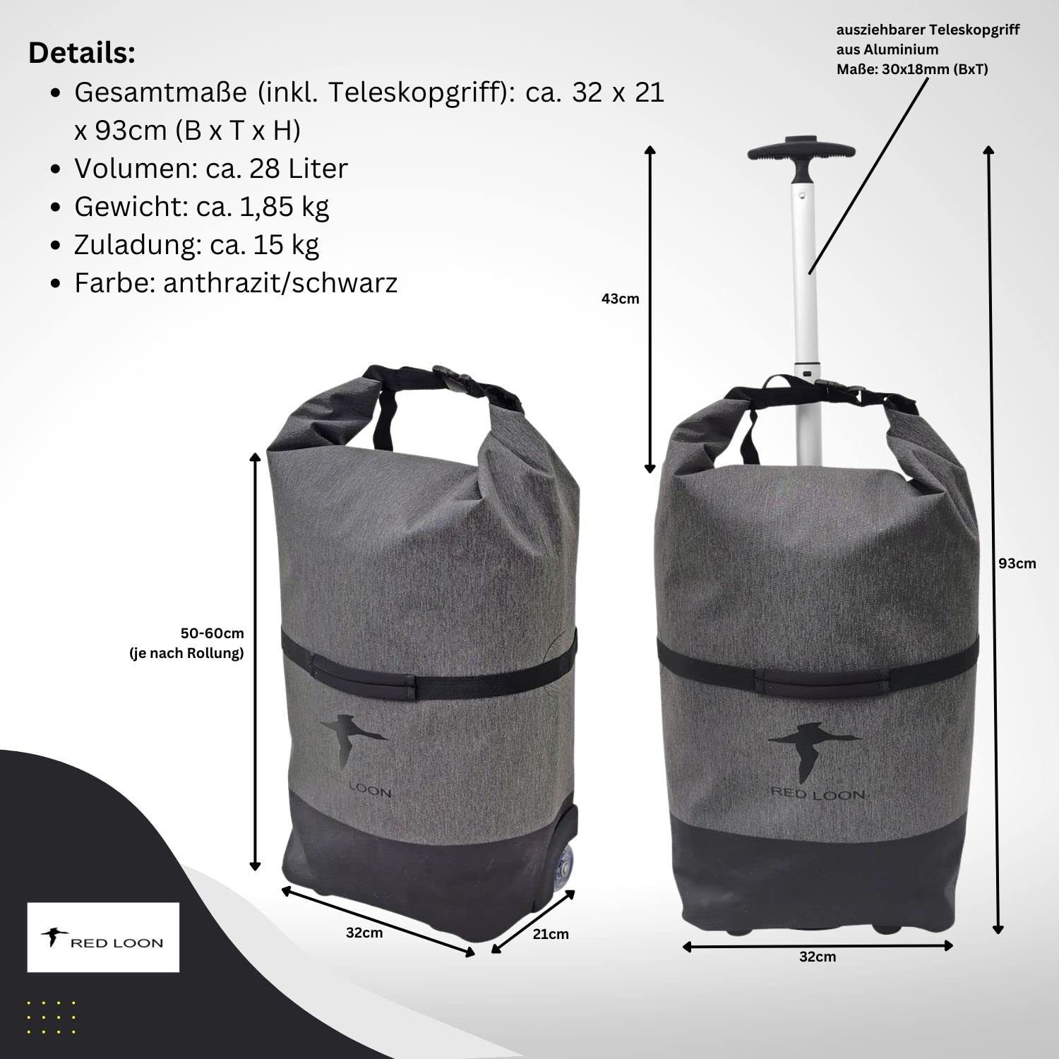 Red Loon Fahrradtasche | Packtasche & Trolley | wasserdichte Gepäckträgertasche mit Teleskopgriff | 28 Ltr Volumen
