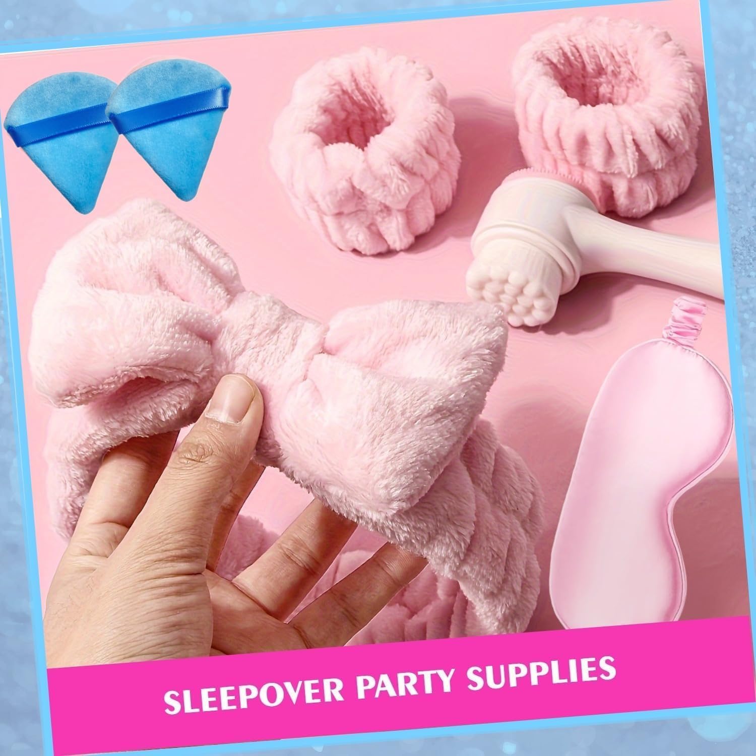 42 Pcs Spa Party Favors Pink Sleepover Party - Inclut 6 Makeup Bag,6 Satin Mask, 6 Bow Headband，12 Wrist Bands for Washing Faces，12 Makeup Puff (5 Pink + 1 Blue)