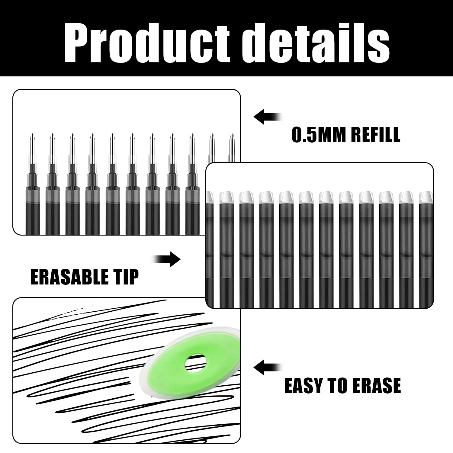 GZGXKJ 30 Pcs Erasable Pens Refills Black Gel Pen Refill Tip 0.5 mm Erasable Refill Comes with 4 Erasers Suitable for School Office Stationery - Image 3