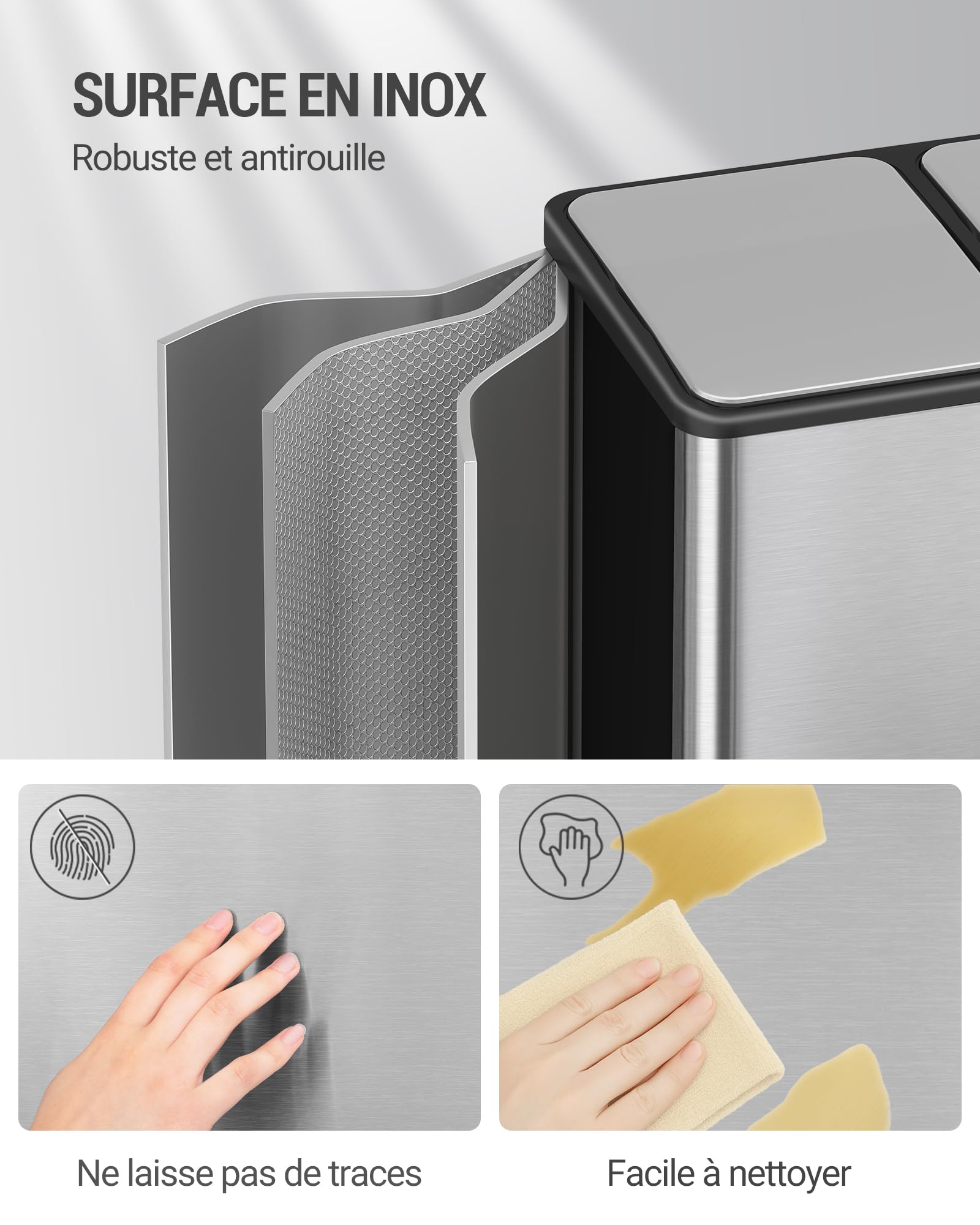 Hzuaneri Poubelle Cuisine, 60L (2 x 30 L), Poubelle Tri Selectif 2, Poubelles Tri avec Pédale Acier Inoxydable, Ilencieux et retombe lentement, avec 15 Sacs Poubelles, pour Cuisine, Argent SW06099E