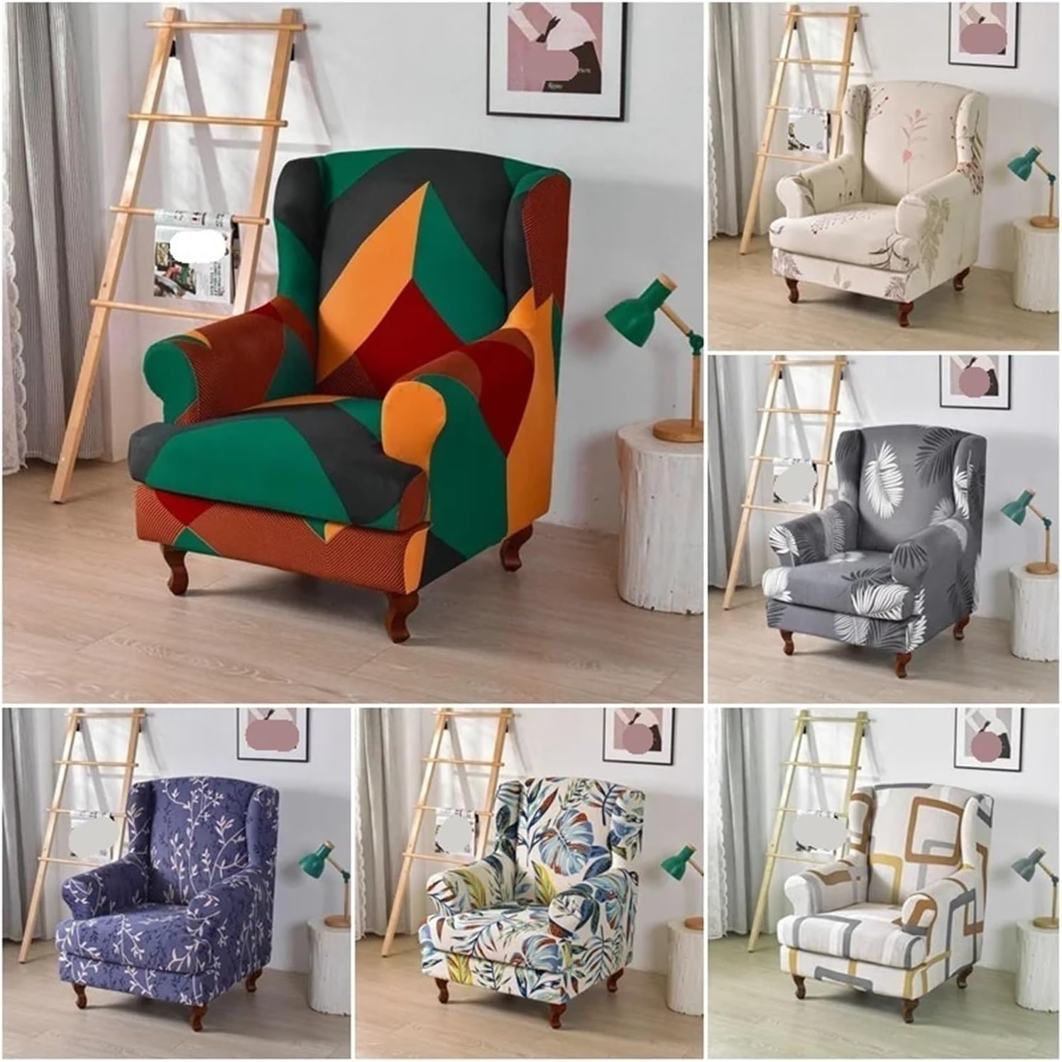Wing Chair Slipcover Geometric Printed Chair Cover Anti-Dirt Universal Stretch Spandex Seat Slipcover Non-Slip Single Armchair Case for Living Room(Color 1)