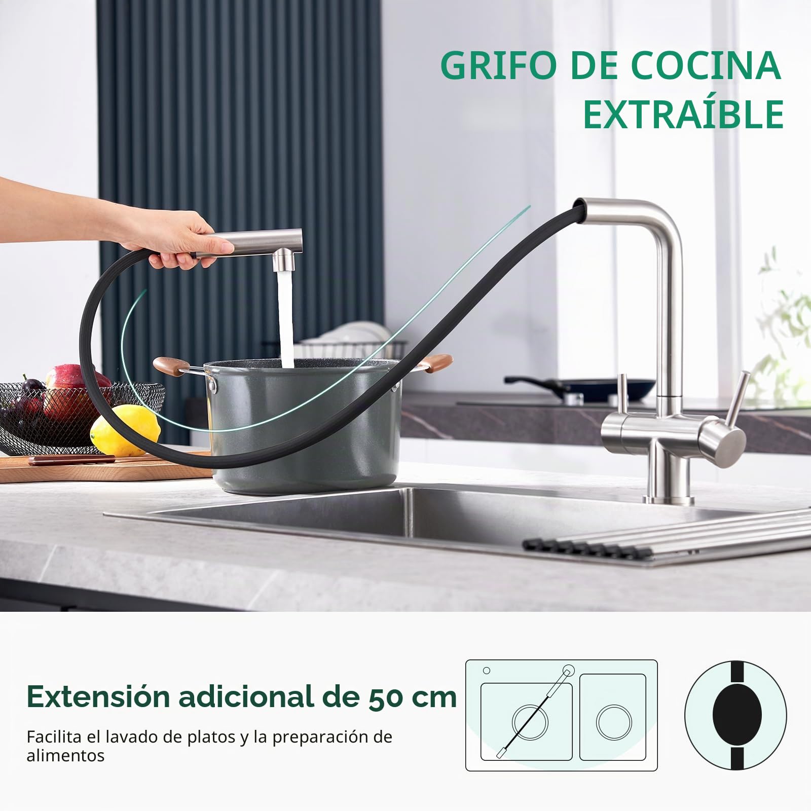 CREA Grifo de Cocina 3 Vías Osmosis con Ducha Extraíble, Giratorio 360°, Cepillado