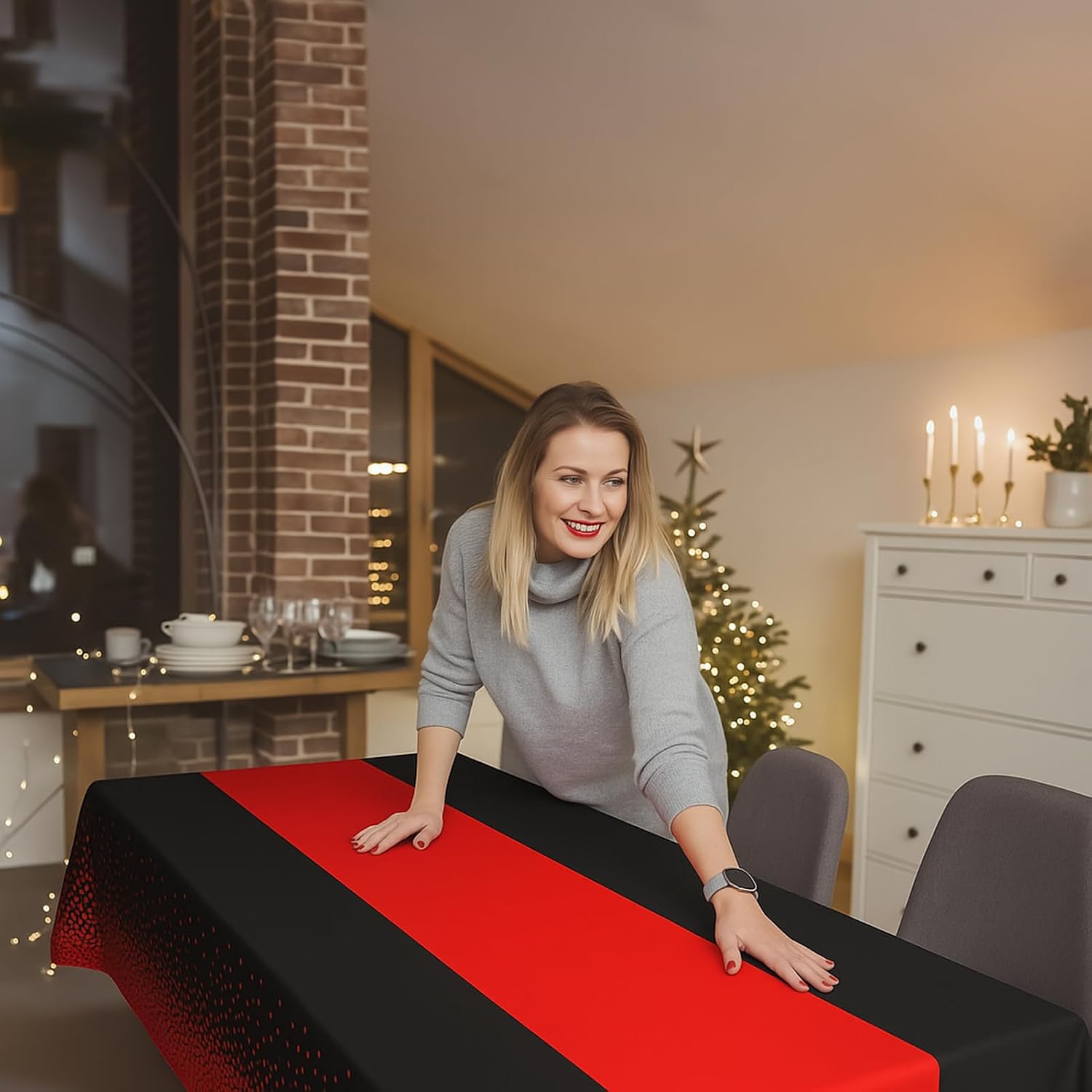 2in1 Disposable Plastic Tablecloths 54" x 108" Black and Red Dot Kitchen Table Cloth Rectangle Table Cover for Wedding Birthday Baby Shower Anniversary Christmas Graduation (Black/Red, 8 Pack) image 5