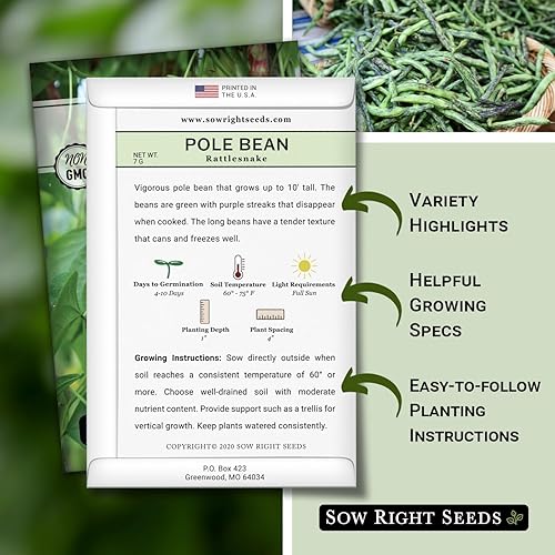 Miniatura 2 de Sow Right Seeds - Semilla de frijol de serpiente de cascabel para plantar - Paquete de reliquia sin OMG con instrucciones para plantar un huerto