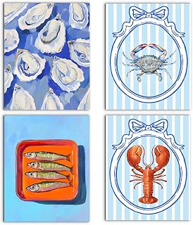 WUCHJ Coastal Beach Oyster Crab Fish Lobster Wall Art Decor, Ocean Beachy Room Decor, Sea Animals Blue Canvas Artwork Posters for Beach House Cabin Bedroom Kitchen, 8x10 Inches Set of 4 Unframed