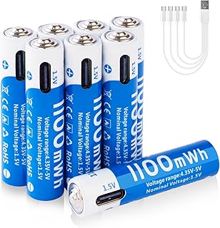 Rechargeable AAA Lithium Batteries 8 Pack, USB C 1.5V 1100mWh High Capacity Triple A Li-ion Battery AAA Size, Long Lasting 1200 Cycles, for Remote, Keyboard, Mouse, Toy