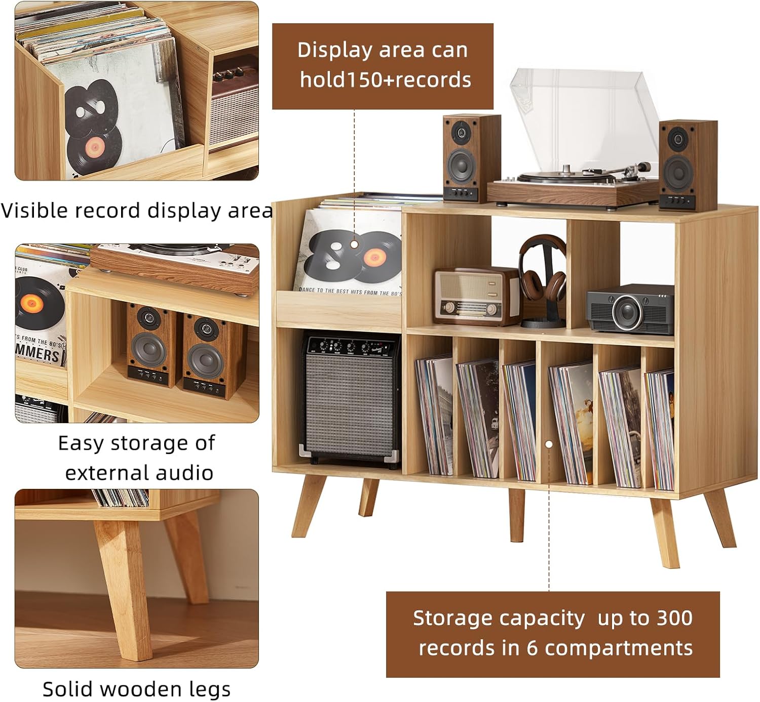 LELELINKY Large 48'' Record Player Stand with Storage, Vinyl Record Storage Holder with Display Area, Turntable Stand Record Player Table Holds Up to 450 Albums,Record Stand for Music Room Living Room