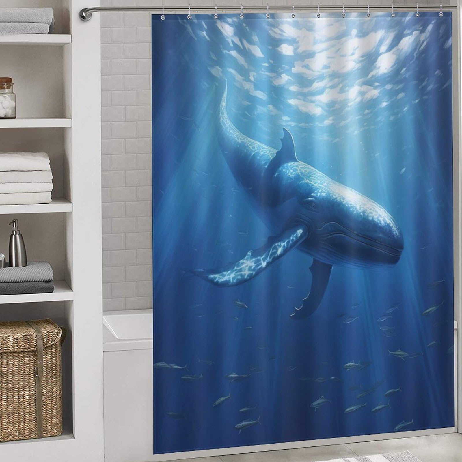 Rideau de douche baleine en tissu polyester lavable et imperméable de 168x183cm avec crochets