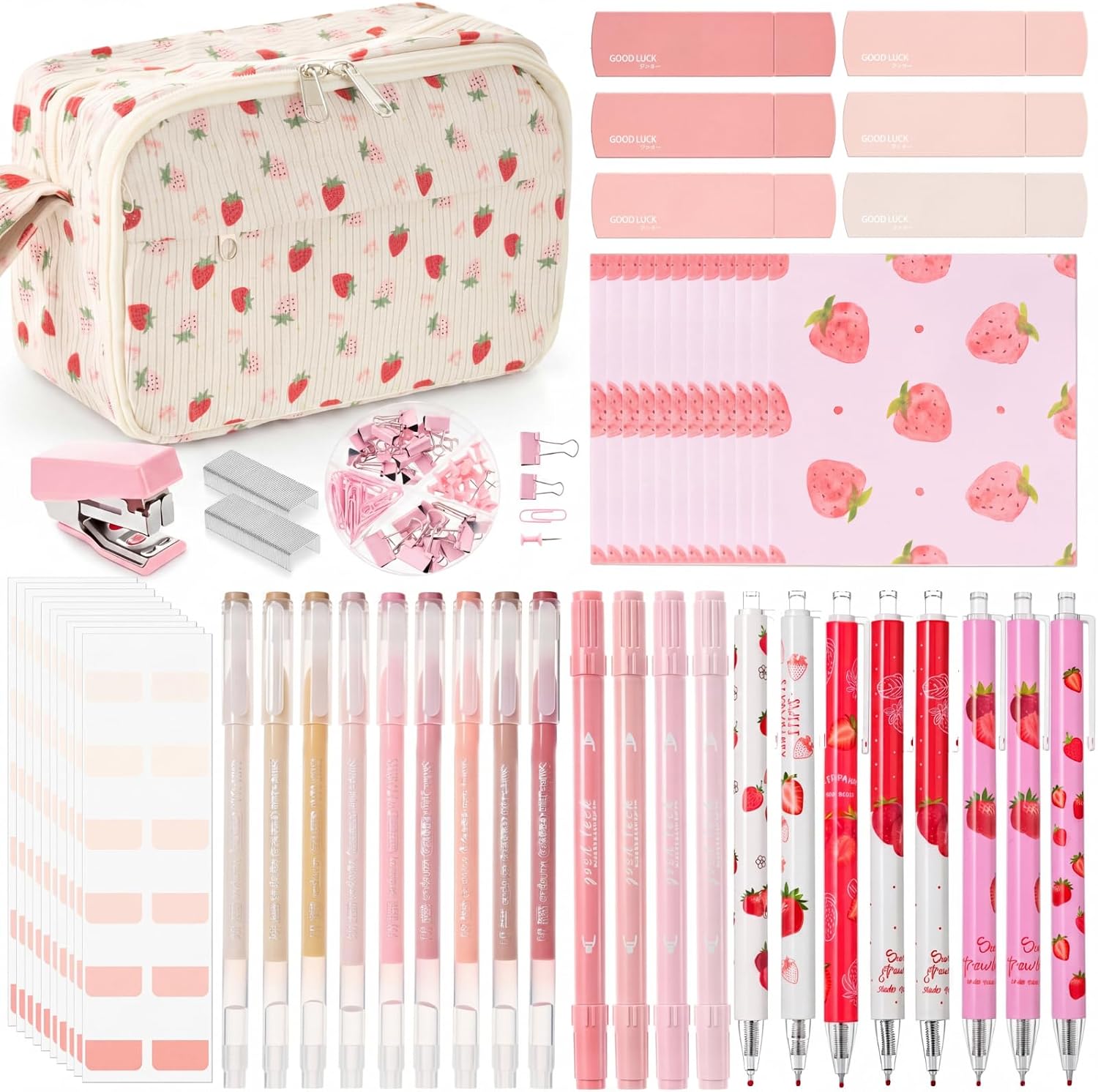 Eersida 52 Pcs Pink Pencil Case with Supplies Aesthetic Stationery Set Cute Large Pencil Pouch Coquette Pattern Gel Pens Sticky Notes Tabs Highlighters Colored Pens Stapler Kit for Gifts(Strawberry)