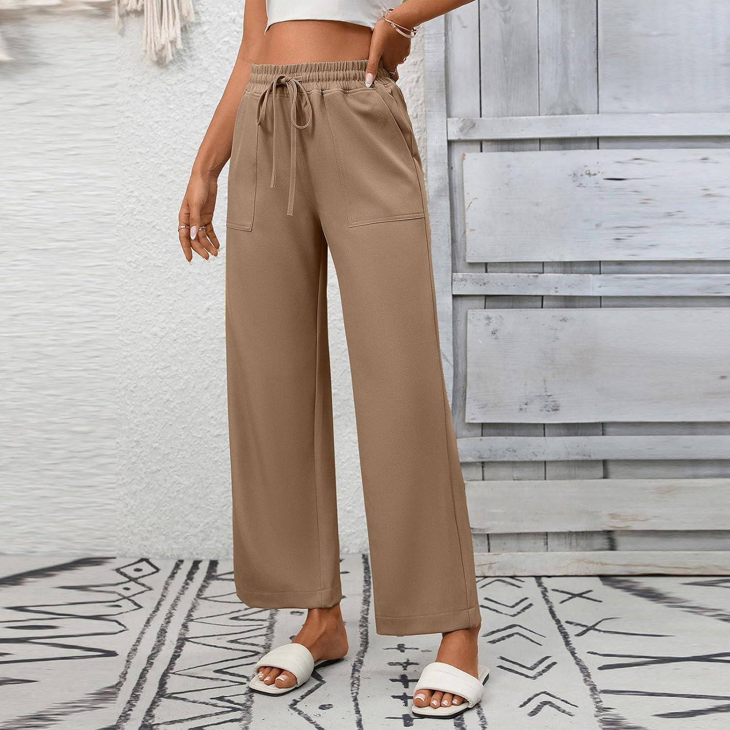 Womens Cotton Linen Pants Casual Drawstring Wide Leg Spring Summer Trousers with Pockets Work Solid Color Pants