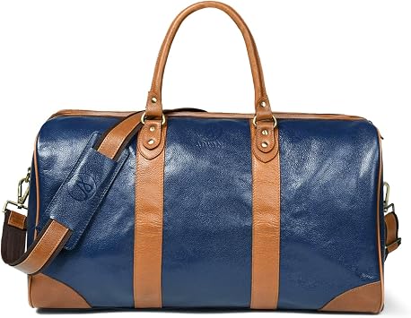 Adyan Leather Duffel Weekender Bag 20" for Men Women Handmade Soft Leather Overnight Weekend Travel Duffel Bags for Gym Sports 20 Inch, Navy Blue