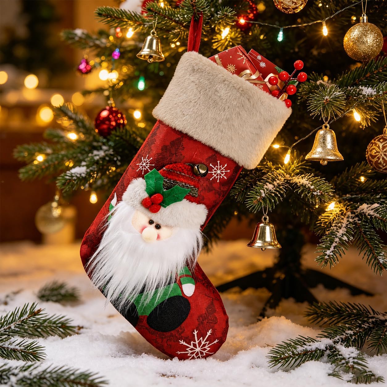 Bemaystar Christmas Stocking with Santa Design, 17.72 x 11.02 Inch Red Hanging Xmas Stocking with Grey Plush Cuff, Non-Woven Holiday Decoration for Fireplace Mantel Staircase Tree, 1 Pack