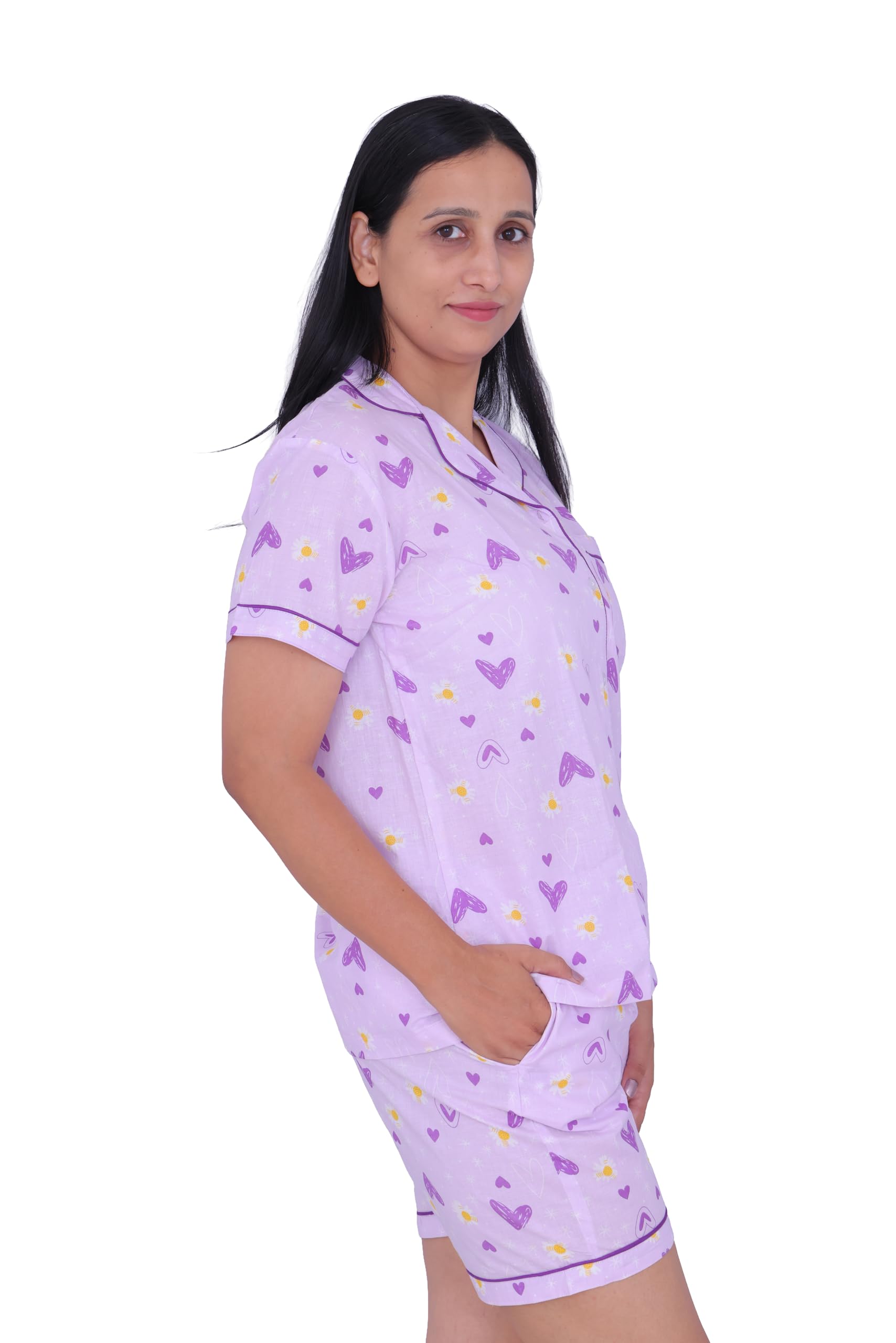 Women Pastel Fruit Print Night Suit | 100% Cotton Shirt & Shorts Co Ord Set | Soft Breathable Sleepwear & Lounge Wear | Pastel Blue Lavender White Pink | Size M L XL-image-0