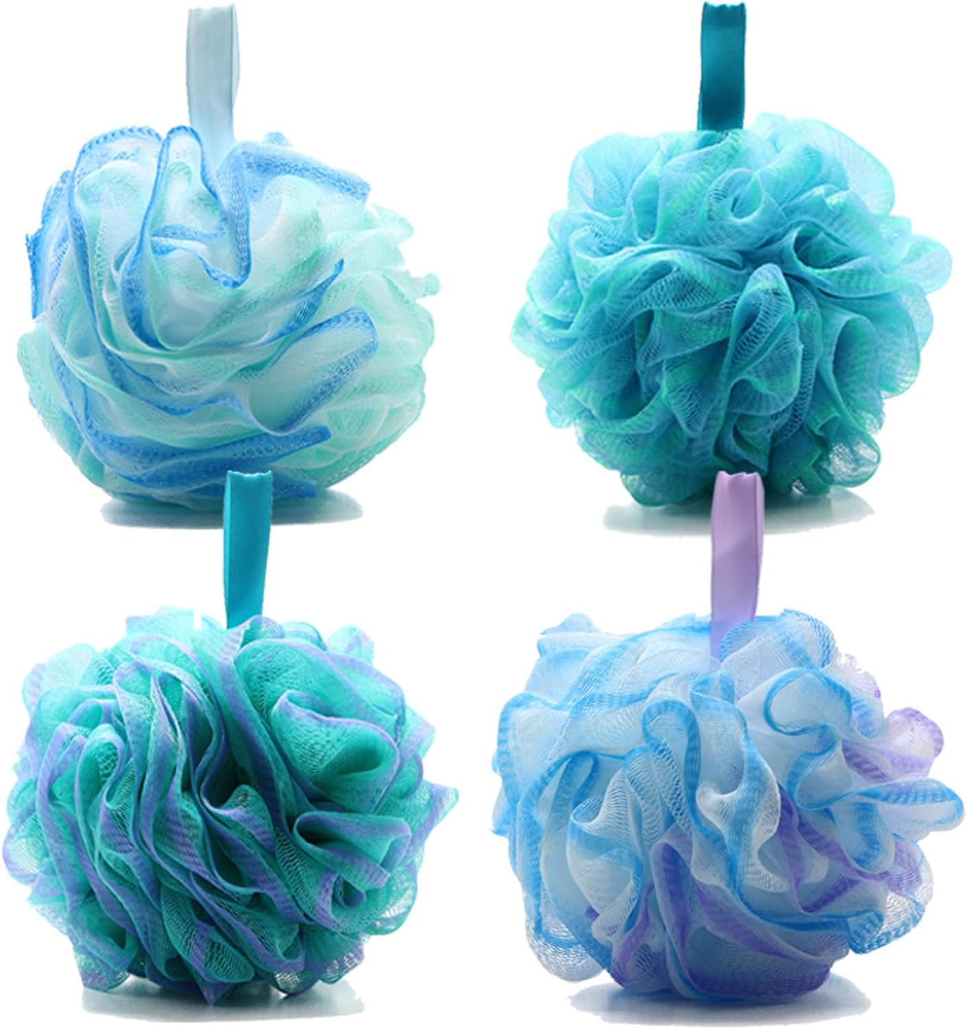 Shower Puff Bath Shower Loofah Sponge Pouf Body Wash Scrubber Mesh Pouf Bath Scrunchies with Activated Charcoal Body Exfoliator Shower Essential Skin Care Set of 4 Flower Color