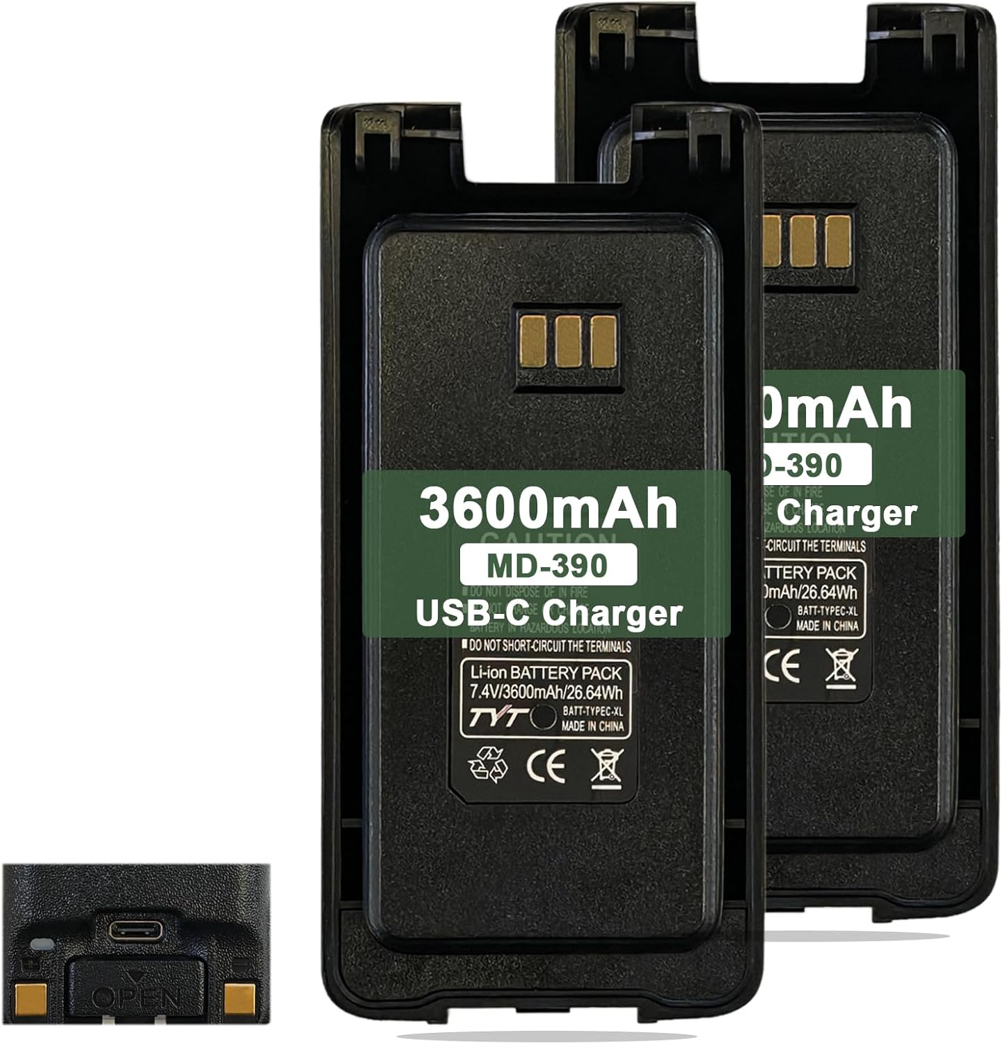 2 Pack MD-390 Battery USB-C Charger Upgraded 3600mAh Big Capacity Replacement MD-UV390 7.4V for RT81 RT50 Walkie Talkie Accessories Rechargeable Li-ion Battery