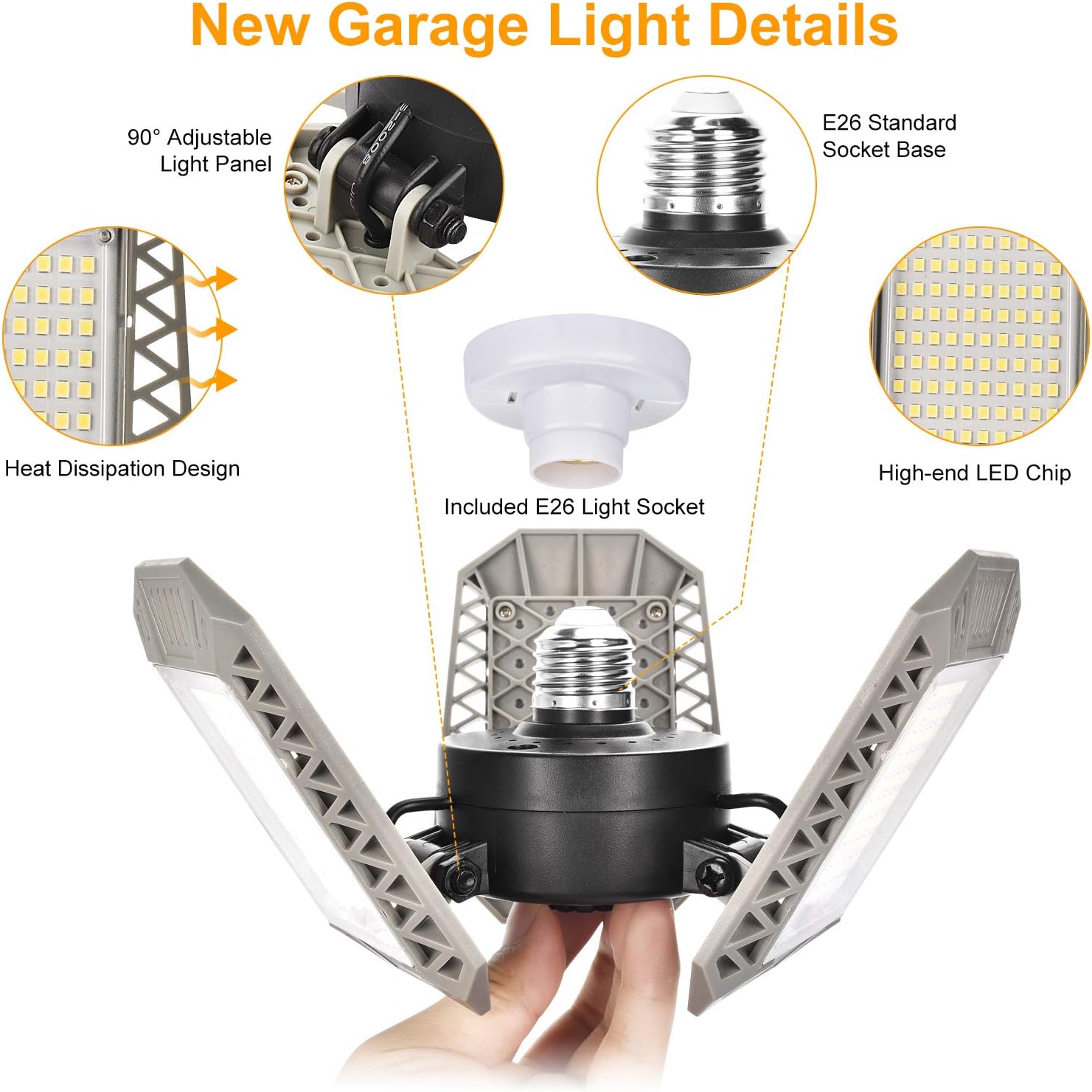 2 Pack LED Garage Lights, 60W 6000LM Deformable LED Garage Ceiling Lights with 3 Adjustable Panels, E26 Super Bright LED Shop Lights for Garage, Warehouse, Basement, Barn Light (2PACK)