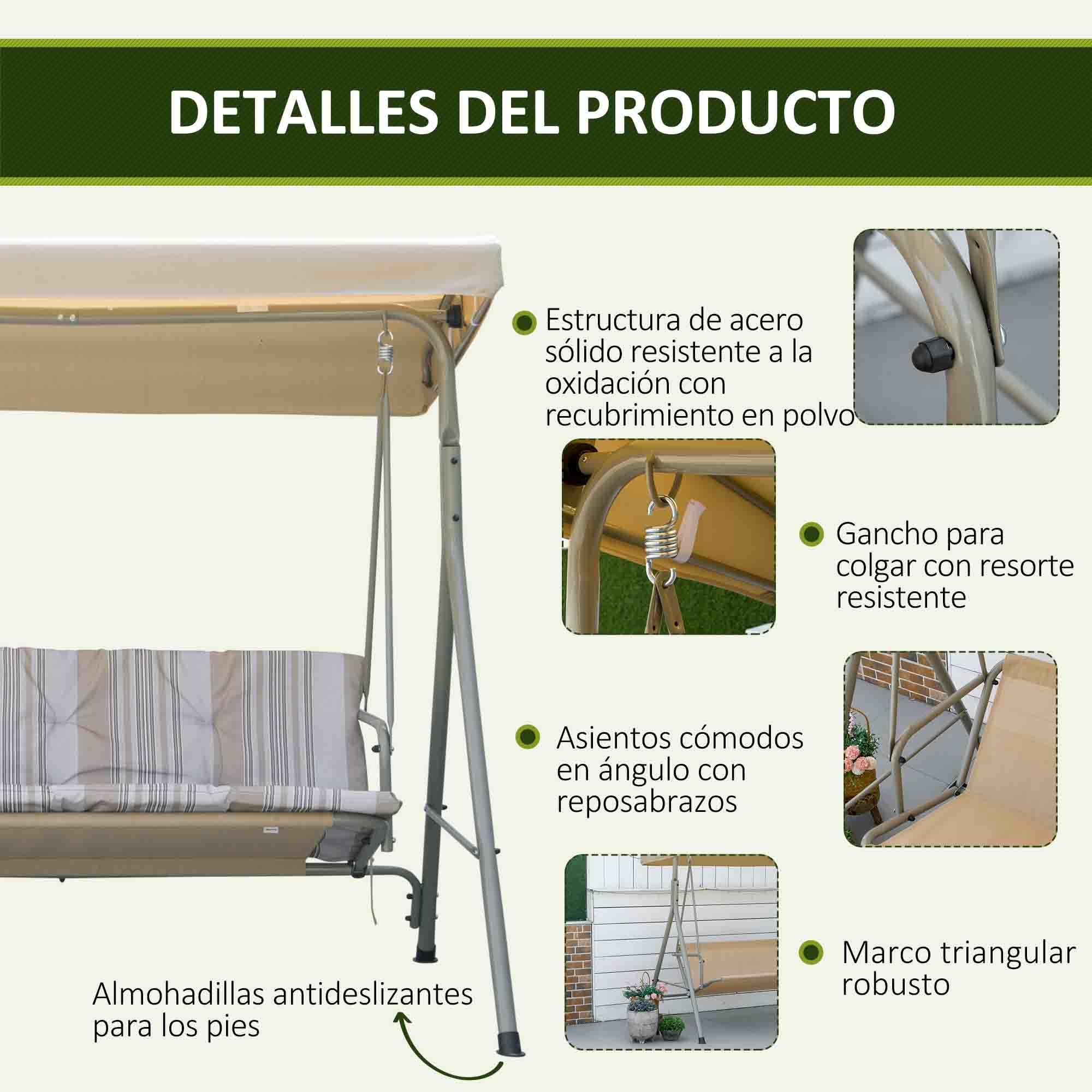 Outsunny Columpio de Jardín Exterior de 3 Plazas, Balancín de Jardín Exterior con Techo Ajustable y Marco de Acero, para Balcón, Terraza, Patio, Carga 210 kg, 172x110x156 cm, Marrón Claro