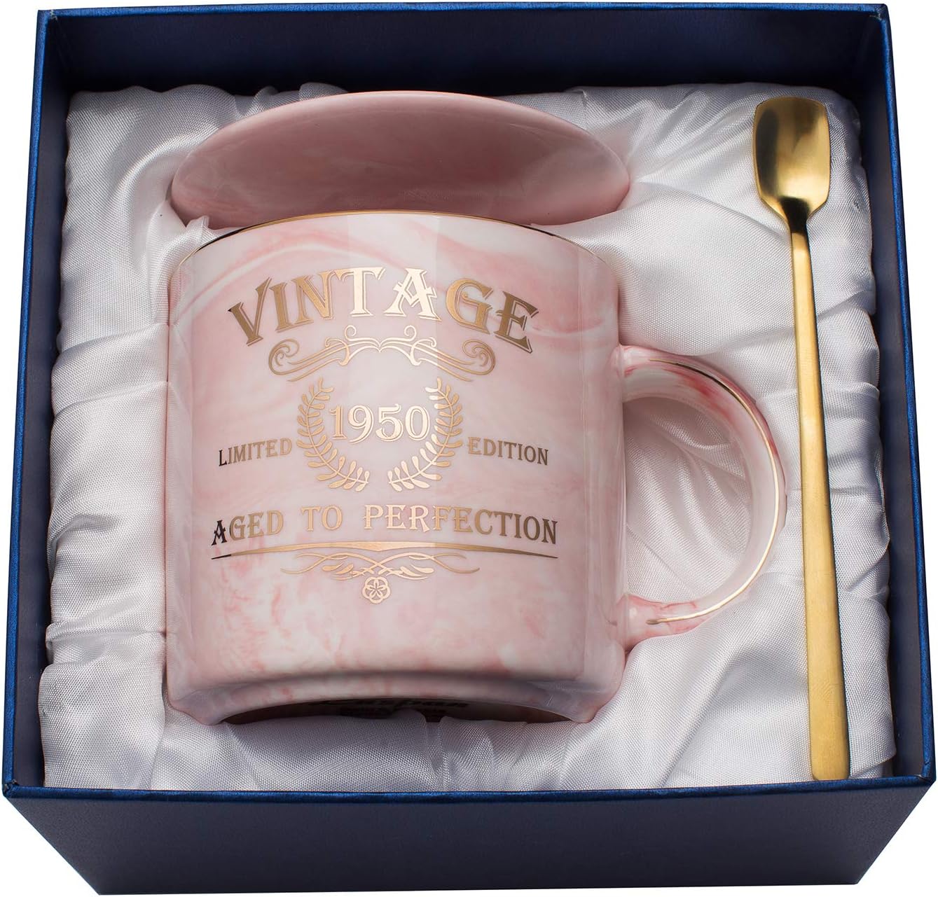 1950 70th Birthday Gifts for Women and Men Ceramic Mug - Funny Vintage 1950 Aged to Perfection Idea for Him, Her, Mom, Dad Husband or Wife - Ceramic Marble Cups 11.5 oz (Pink)
