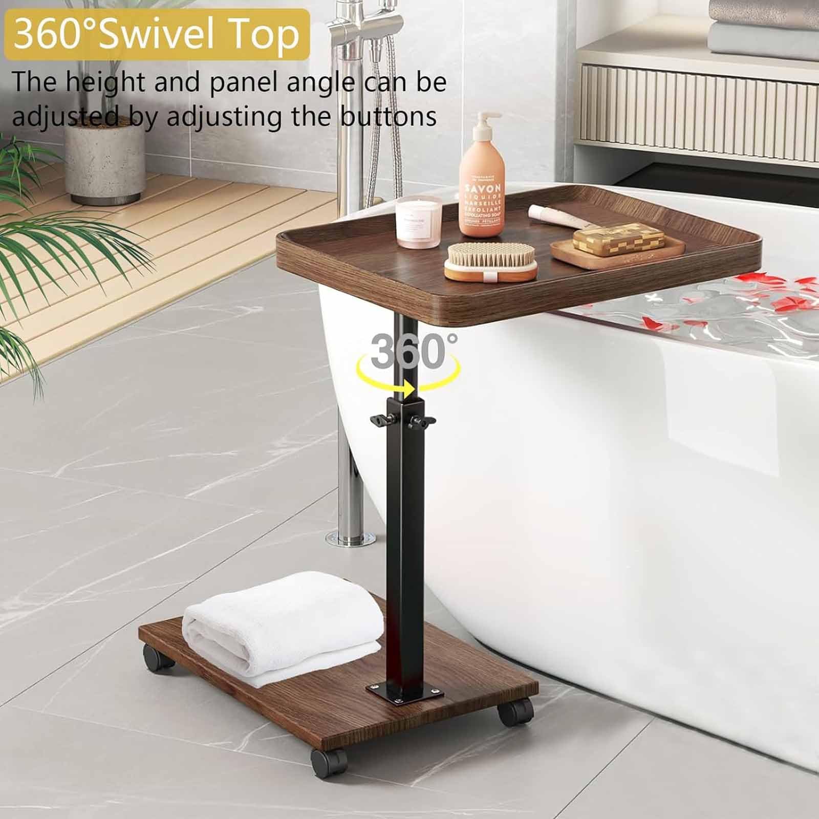 Mesa Auxiliar C Ajustable en Altura, Bandeja giratoria de 360° para TV, Ideal para Espacios pequeños, mesas auxiliares Que se Deslizan Debajo del sofá, Laterales con Ruedas, Perfec