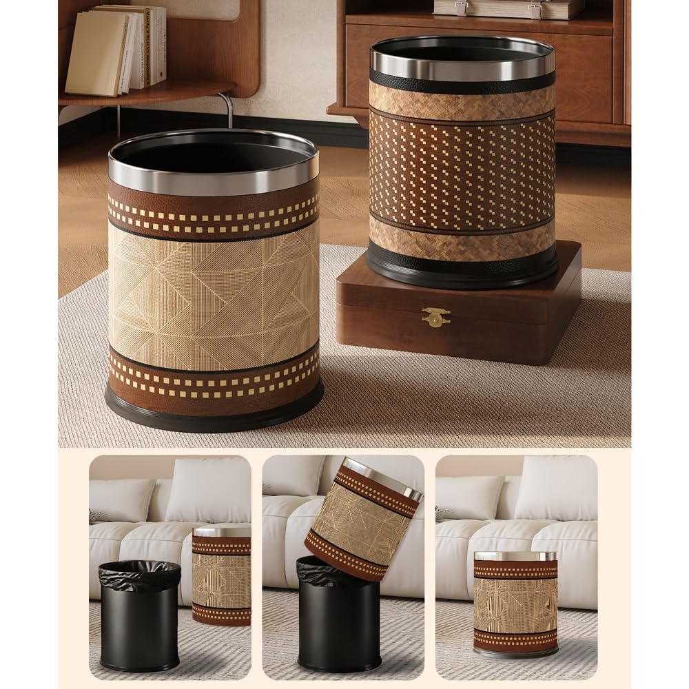 Leather Trash Can, Decorative Metal Wastebasket, Double-Layer Leather Round Garbage Bin, Compact Wastebasket for Home, Hotel, and Office Use(10L)