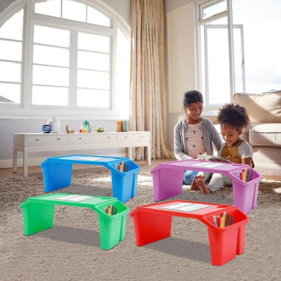 4 Pcs Kids Lap Desk Tray, Plastic Breakfast Laptop Trays with Side Pockets, Portable Lap Bed Table for Kids Students Work Study School Classroom