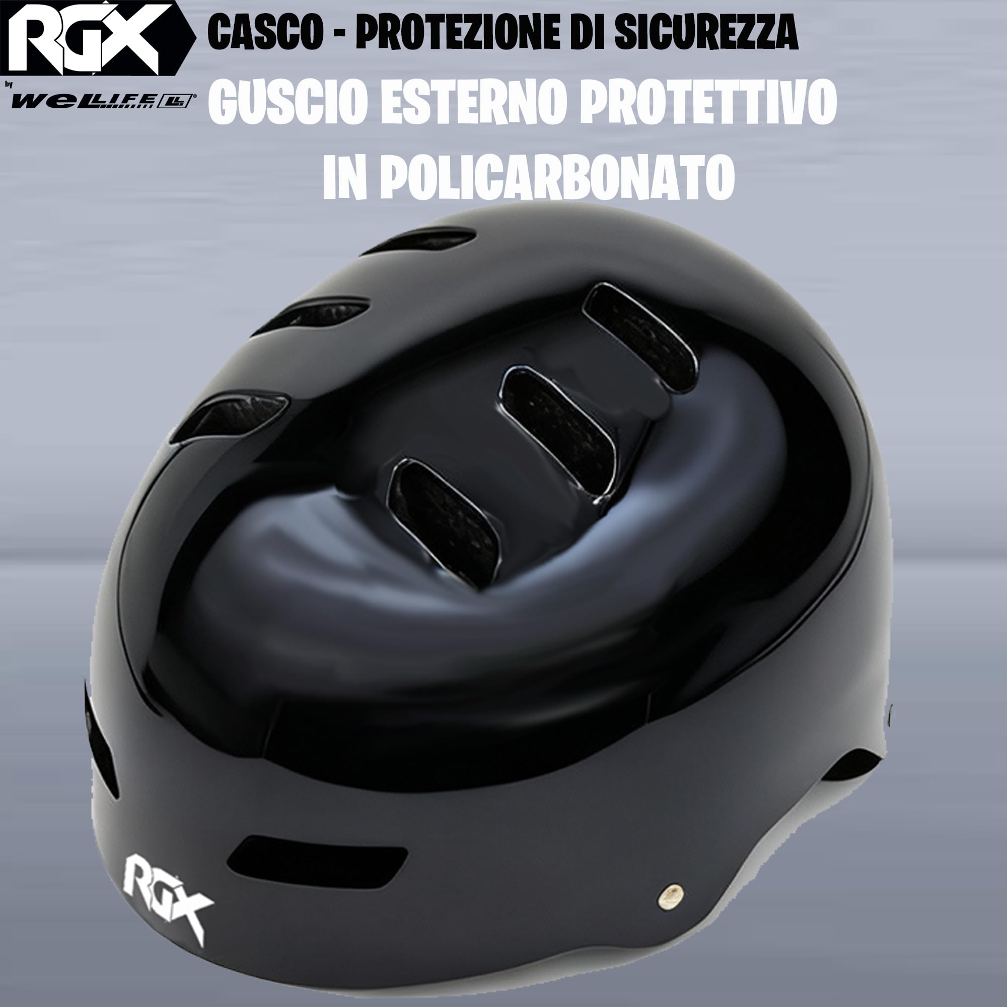 WeLLIFE Casco Regolabile per Ragazzi e Adulti Protezione Elmetto Nero RGX adatto per Skateboard, Bici, Pattini Sicurezza Ideale Multi-Sport Leggero e Sicuro