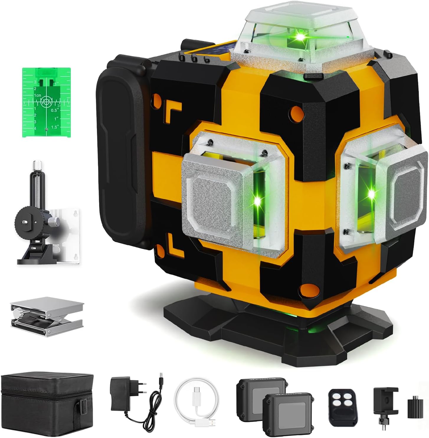 4D 16-Line Electronic Self-Leveling Laser Level Kit,360° Horizontal & Vertical Green Laser Lines,Self-Leveling & Manual Mode,Outdoor Pulse Flash/Receiver Mode,With EU plug,No paper manual