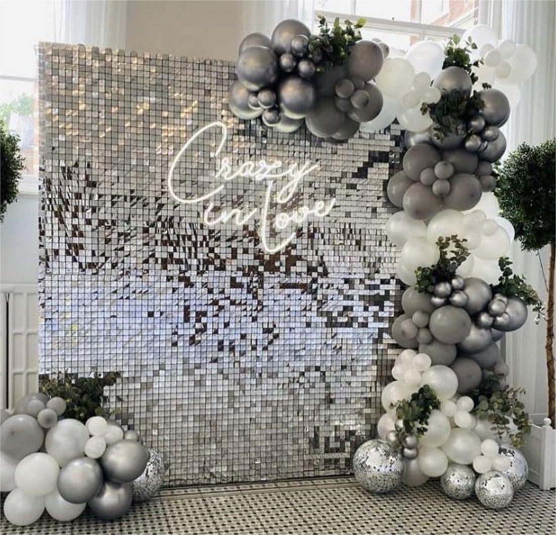 Kate Fondo de Pared Shimmer Fondo de Brillo Fondo photocall Fondo cumpleaños Estructura photocall Cortina cumpleaños(Plata blanca24PCS)