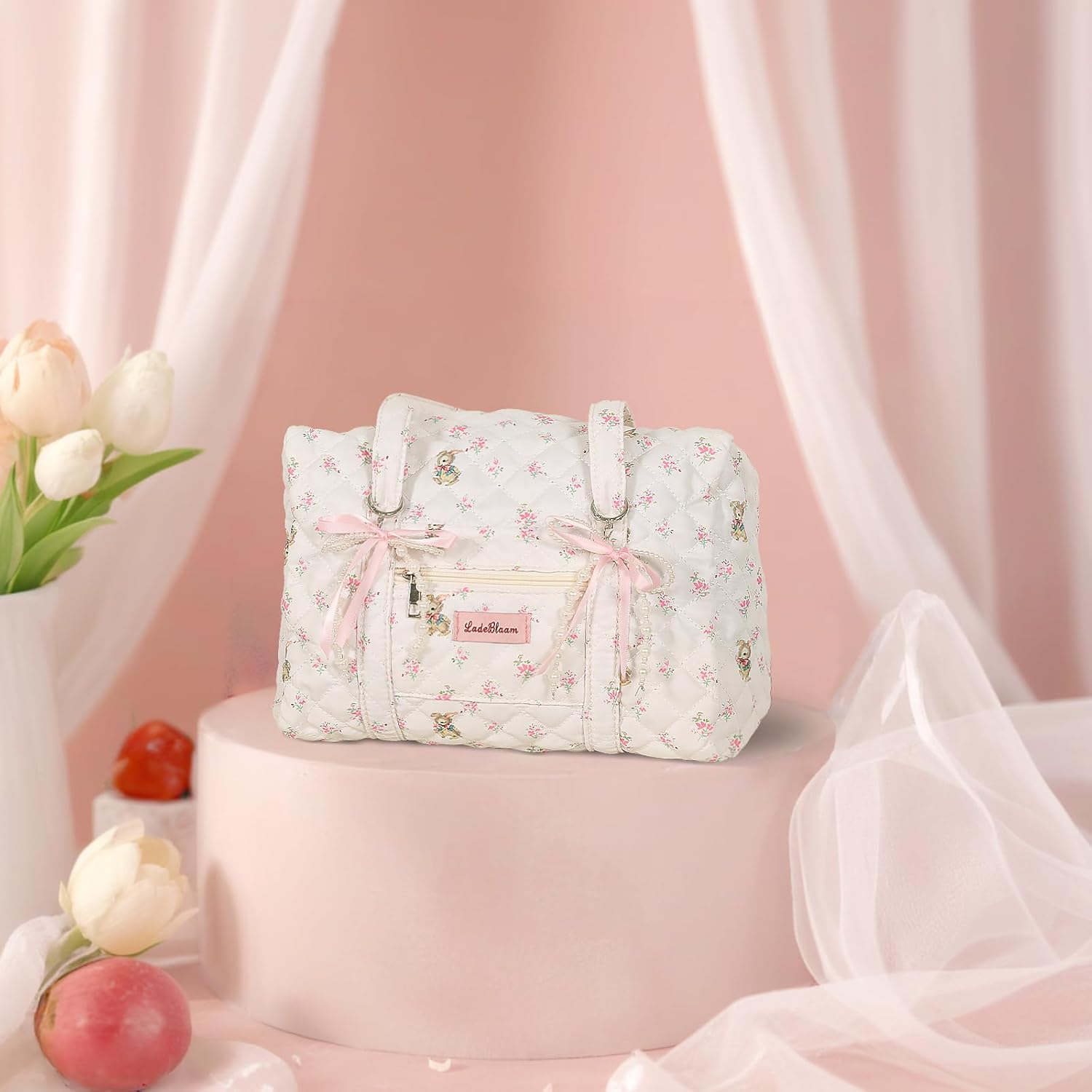 Coquette Bag with Bow Keychain White Pink Floral Travel Duffel Bag for Women Sweetly Bunny Handbag Cute Quilted Puffer Bags Shoulder Purse Carry on Bags for Travel Family Trip Christmas Gifts Business - Image 2