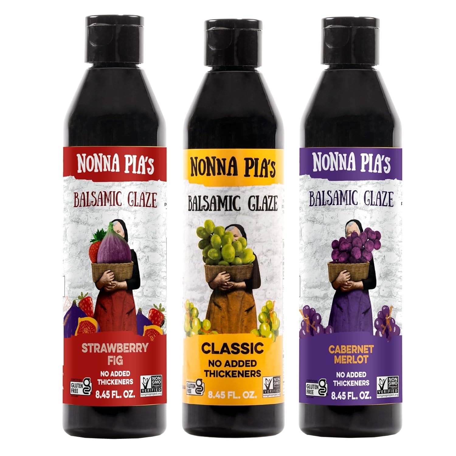Nonna Pia’s Variety Pack - Classic Balsamic Glaze, Strawberry Fig, & Cabernet Merlot - IGP Certified Balsamic Vinegars - Perfect for Meat, Salads & Seafood - Non-GMO, Gluten-Free - 8.45oz (Pack of 3)