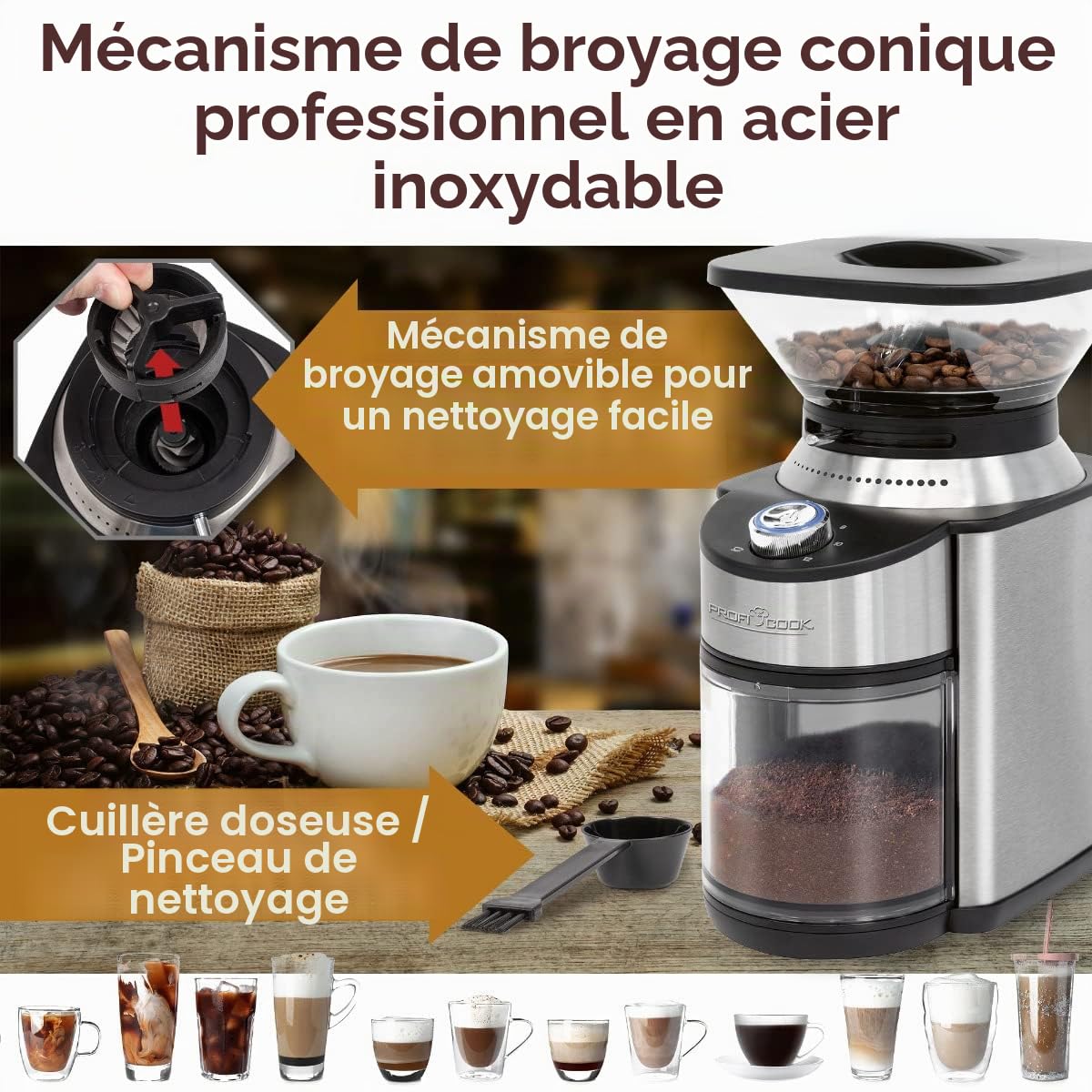Moulin à café ProfiCook® | électrique | 200 watts | 16 réglages de mouture | broyeur conique en acier inoxydable | Coffee Grinder | jusqu'à 230 g de grains de café | PC-EKM 1205
