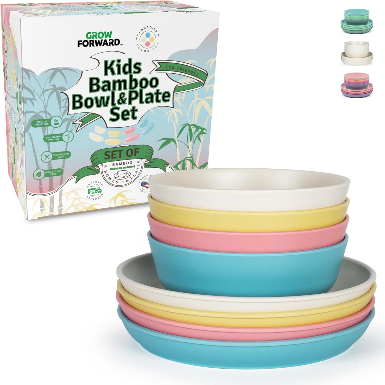 Grow Forward Bamboo Kids Plates and Bowls Sets - 8-Piece Dishwasher Safe Non Toxic Plates for Kids - Reusable Eco Friendly BPA Free Dishes Dinnerware Sets for Children - Paradise