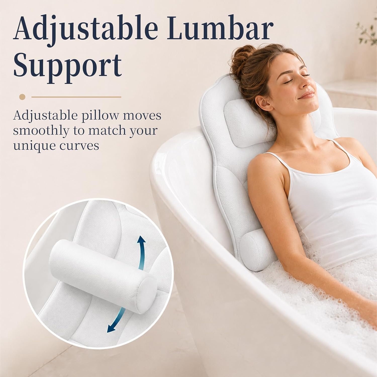 Extra Long Full Body Bathtub Pillow, Adjustable Lumbar Support, Fast Dry