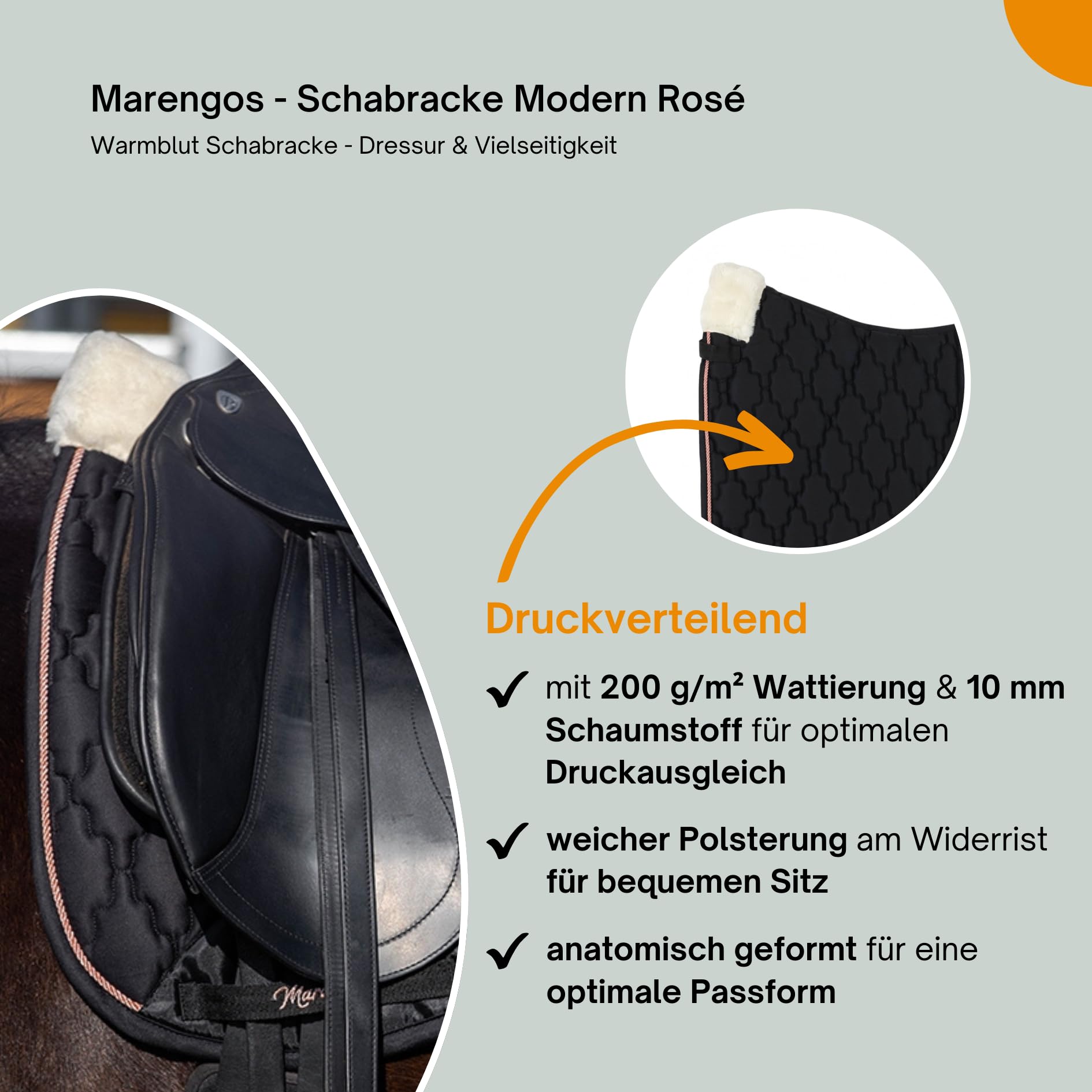 Marengos Schabracke Modern Rosé Warmblut mit Schaumstoff-Füllung Tasche Polsterung Widerrist Barockschabracke floraler Steppung Zierkordel Dressur Vielseitigkeit