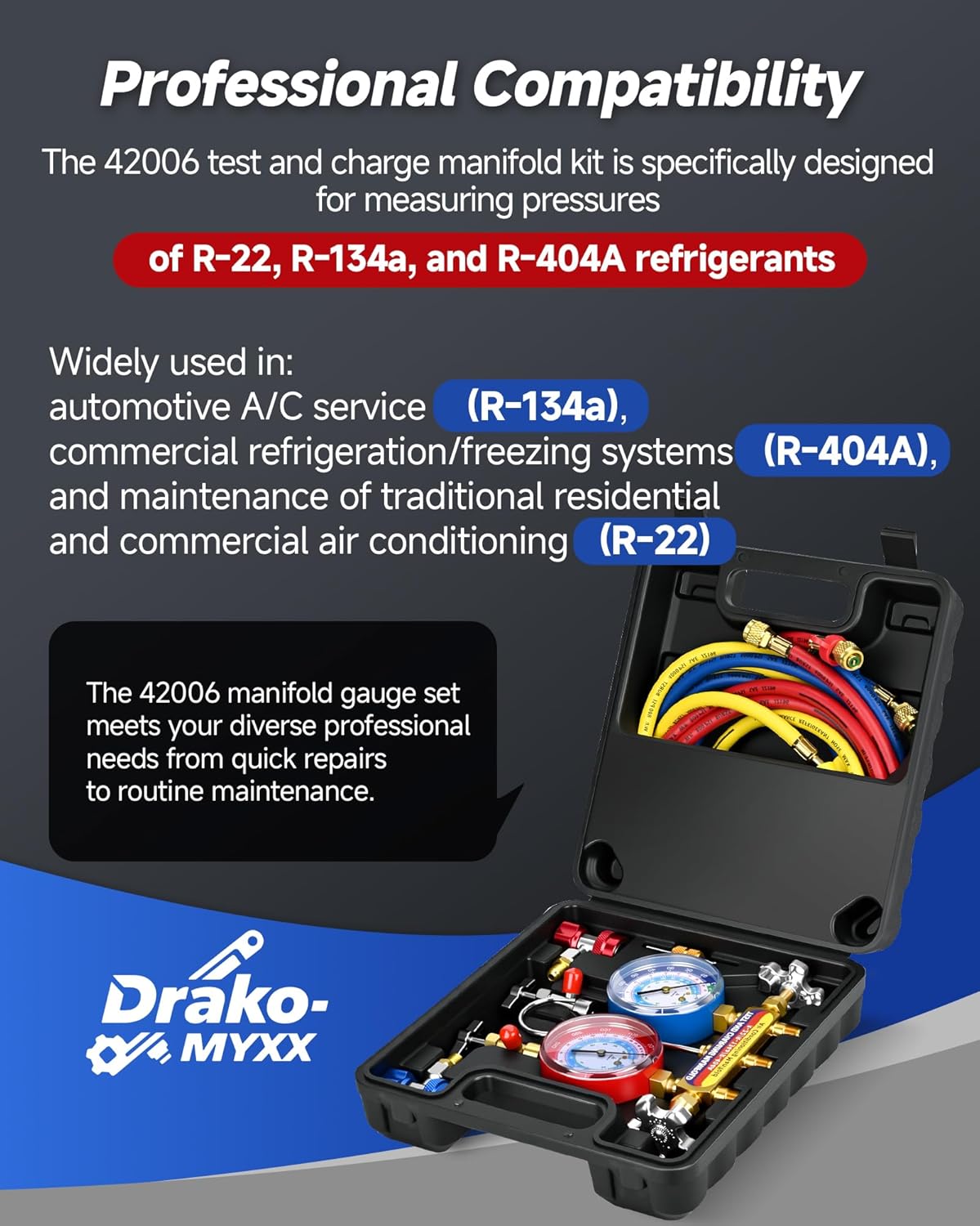 Upgraded New 42006 Test and Charge Manifold Set, with 3-1/8" (80 mm) Gauge, with 72" HVAC Hoses and Quick Coupler Adapters, 1/4" Standard Flared Fittings, Suitable for R-22/134A/404A, Toolbox