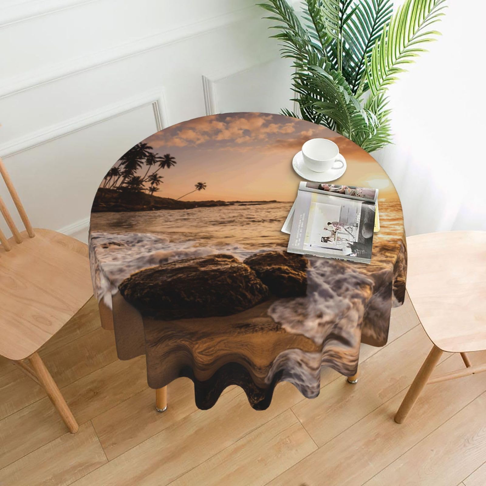 Zcmkjlg Beach Sunset 3 Print Quick Ship Round Tablecloth 60in Polyester Washable Cover for Dining Room