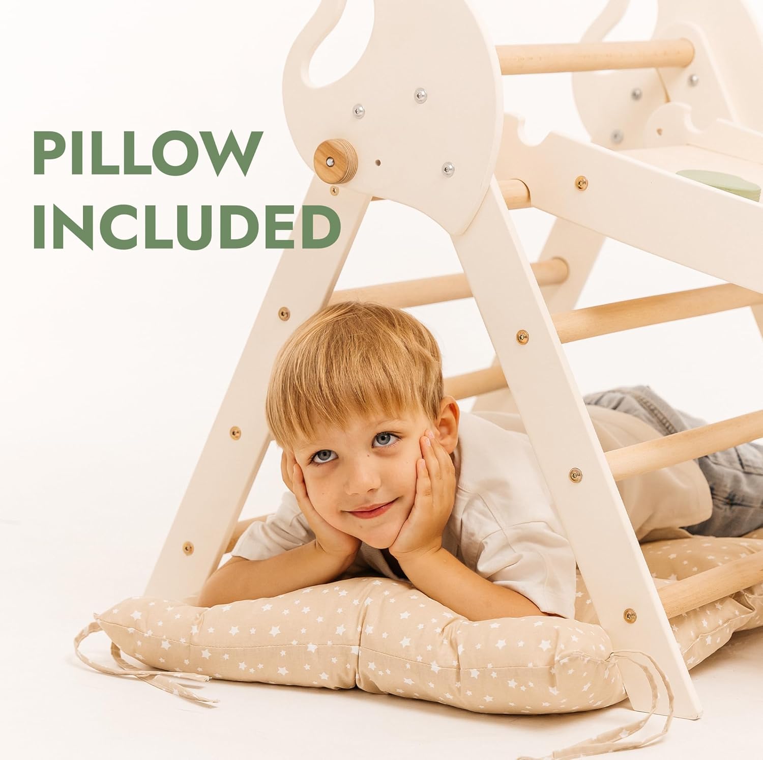 Goodevas 5-in-1 Toddler Climbing Toys Indoor Set - Pikler Triangle, Climbing Arch, Balance Cushion, Montessori Climbing Gym for Toddlers 1-3, Foldable Wooden Baby Activity Center, Jungle Gym for Kids