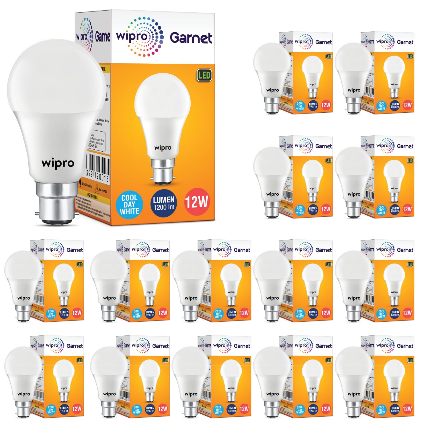 wipro Garnet 12W LED Bulb for Home & Office |Cool Day White (6500K) | B22 Base|220 degree Light coverage |4Kv Surge Protection |400V High Voltage Protection |Energy Efficient | Pack of 15